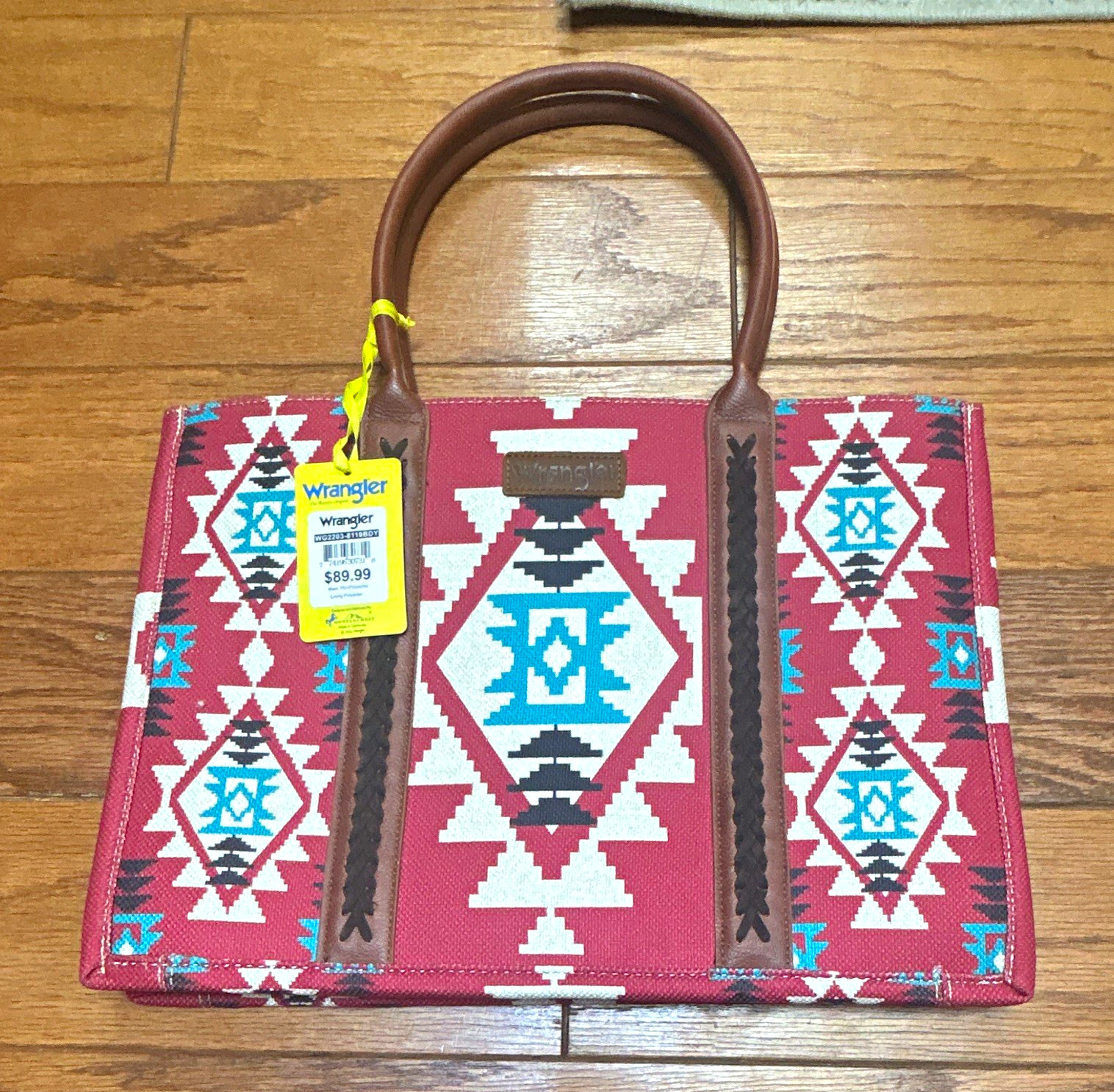 Wrangler Western Geometric Tote Handbag Red White Blue Brown Zip Top Pockets