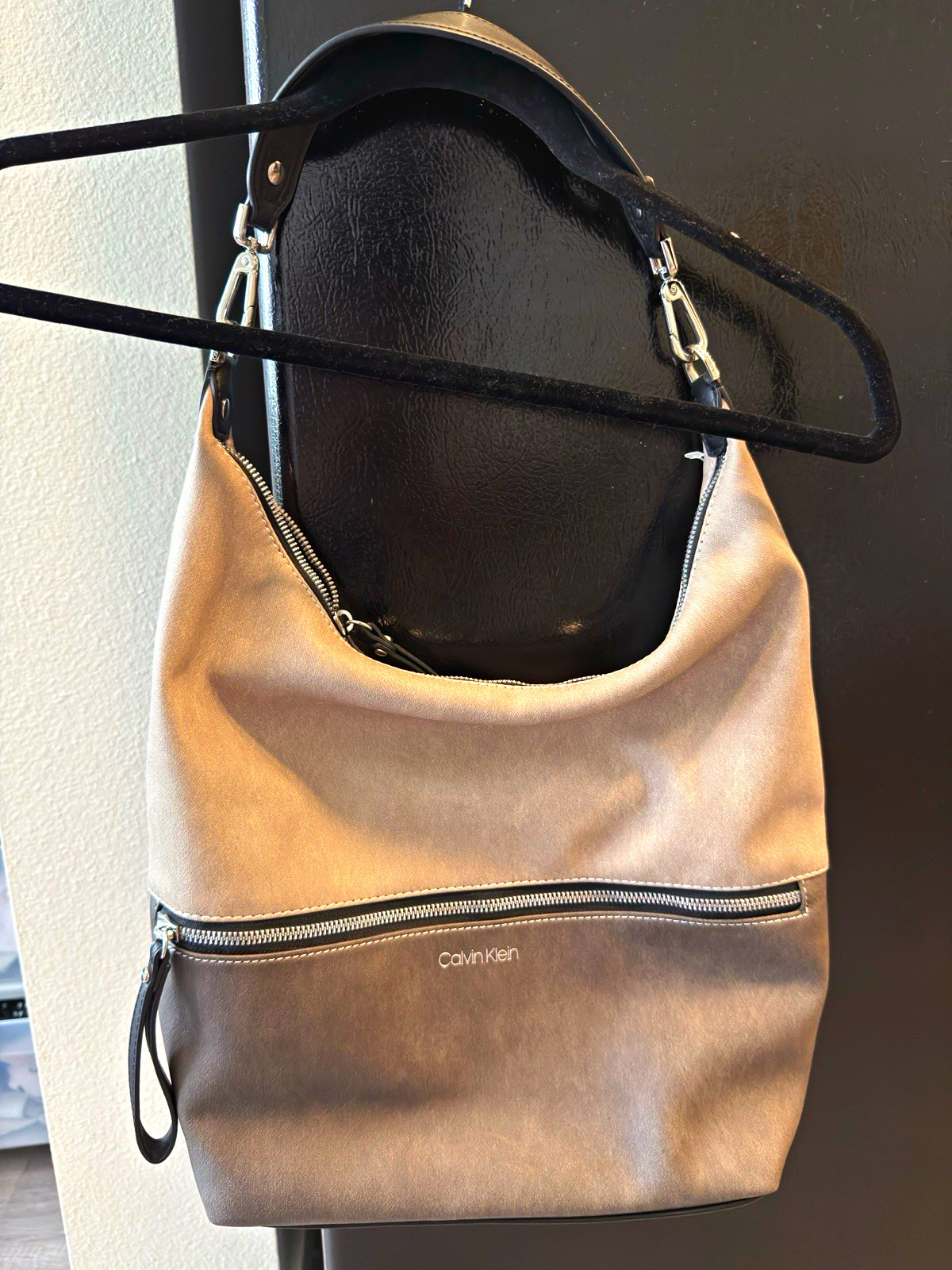 Calvin Klein Taupe/Brown Medium Crescent Shoulder Bag Silver Zip