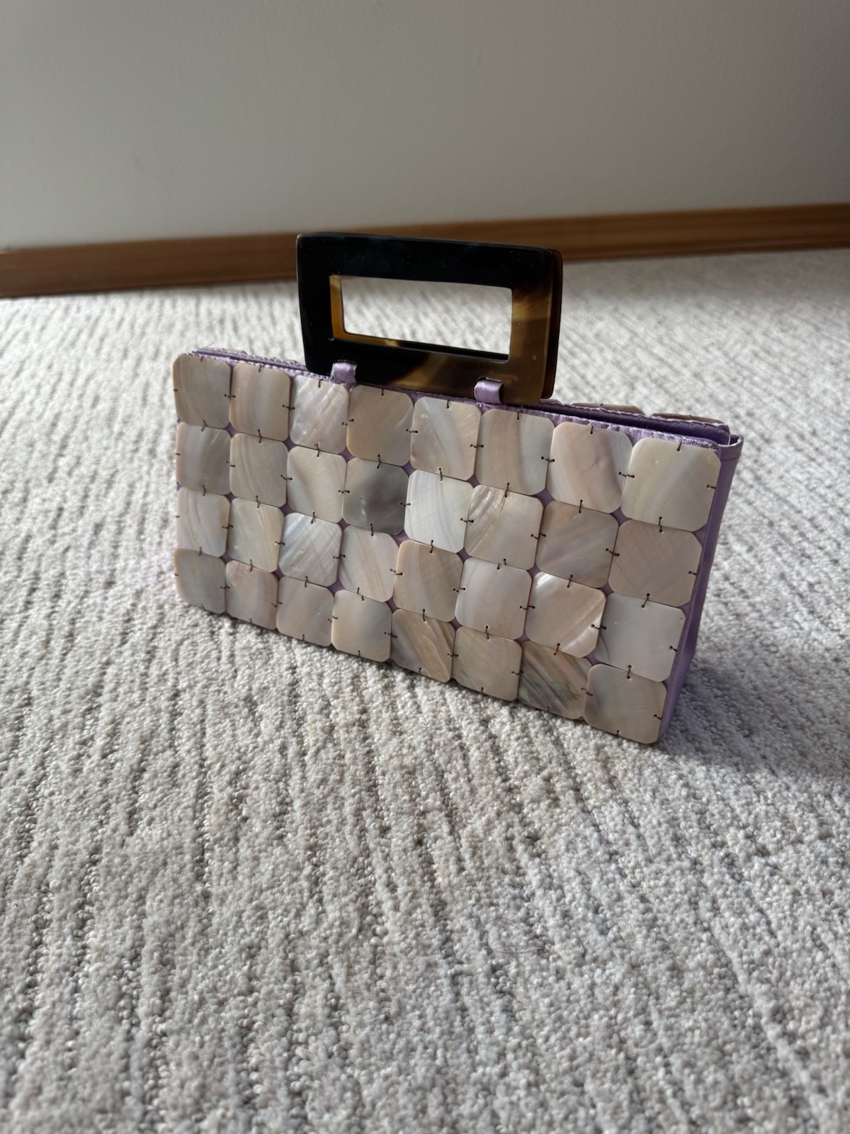 Iridescent Abalone Shell Tile Clutch Bag with Tortoiseshell Handle