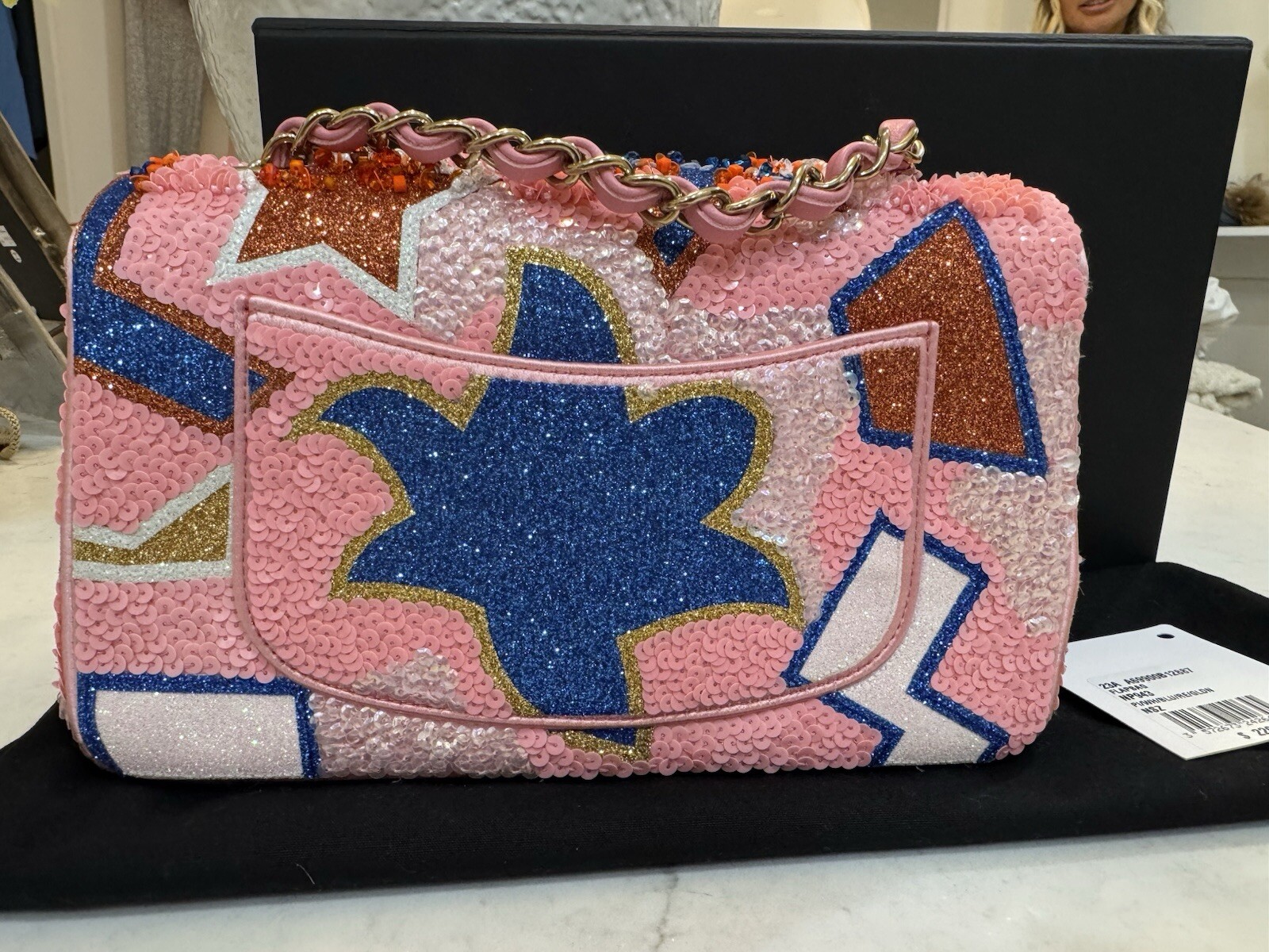 Chanel Pink / Blue Sequence And Bead Small Flap Bag Spring 23A Limited Edition