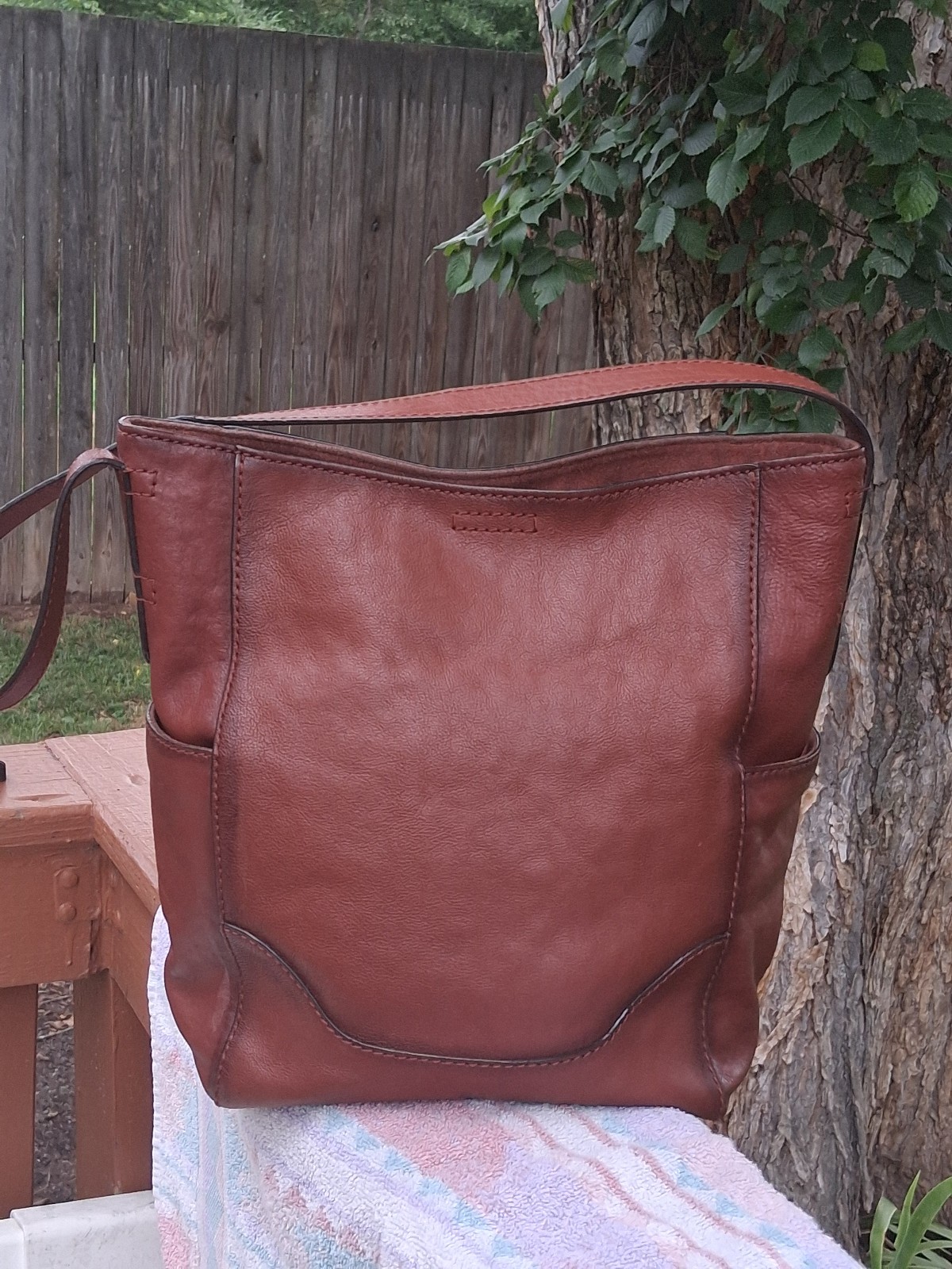 FRYE LENA SIDE POCKET LEATHER COGNAC HOBO TOTE SHOULDER HANDBAG DB323