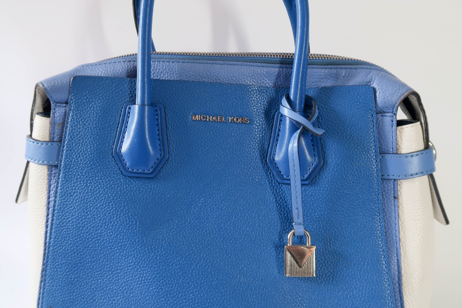 Michael Kors Sutton Tri-Color Blue Cream Leather Satchel Bag