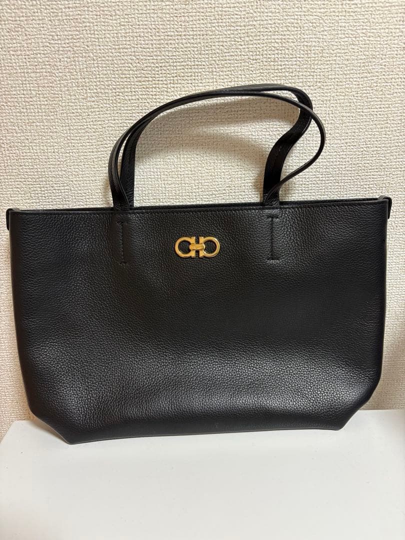 Salvatore Ferragamo Gancini Handbag Black Leather Tote Purse 8.3×13.4×3.9 inch