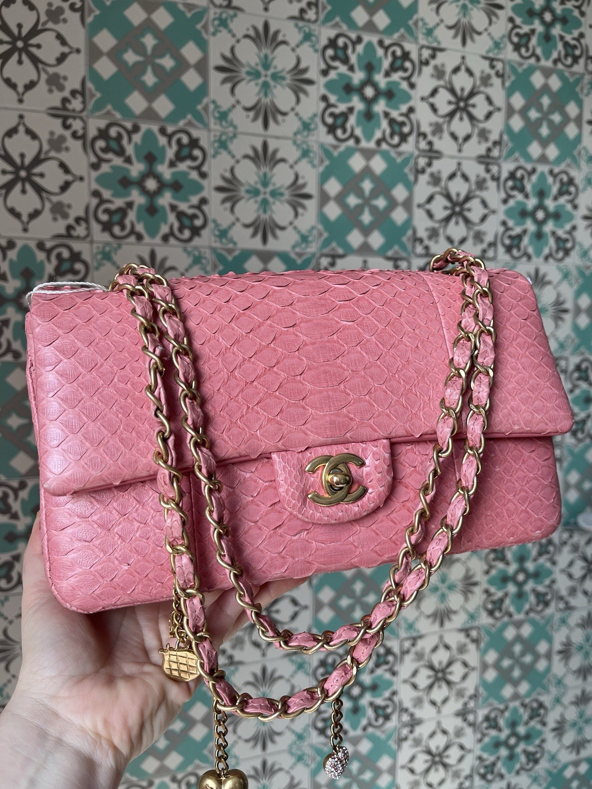 CHANEL Classic Double Flap Bag Medium Pink Snakeskin Python valentines RARE