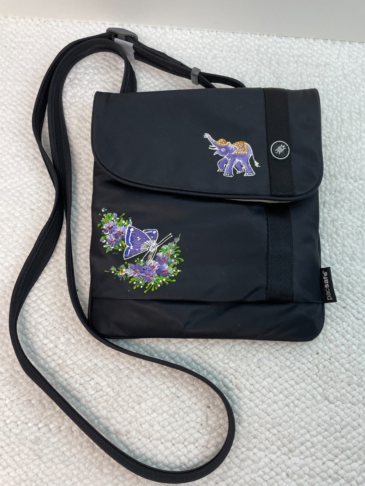 Pacsafe Anti-Theft Black Crossbody Purse Bag Hand-Painted Elephant Butterfly