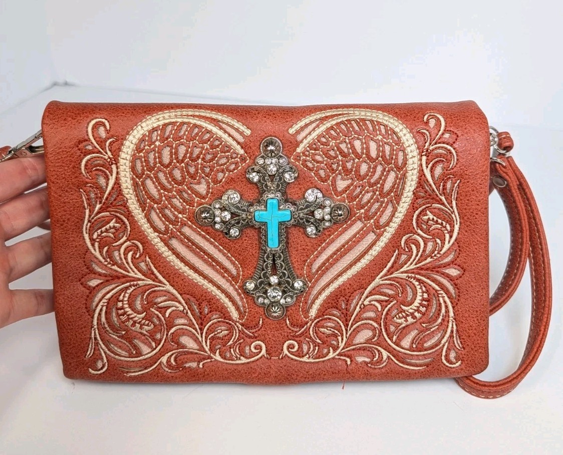 Women’s P & G Brown Faux Leather Rhinestone Cross Country Western Crossbody Bag