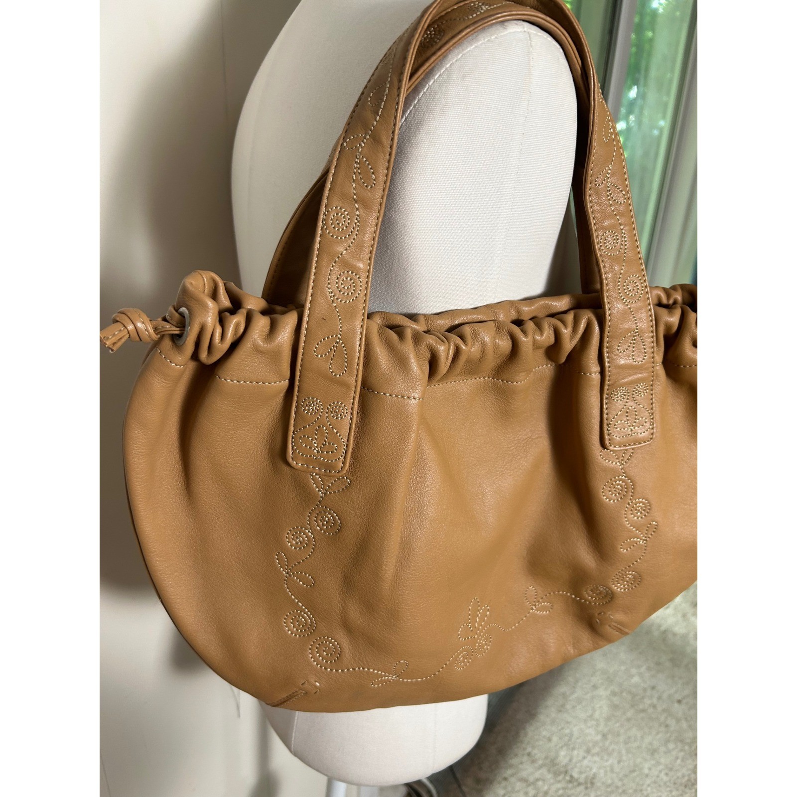 Fina Firenze Tan Leather Embroidered Hobo Shoulder Bag Western Floral Boho