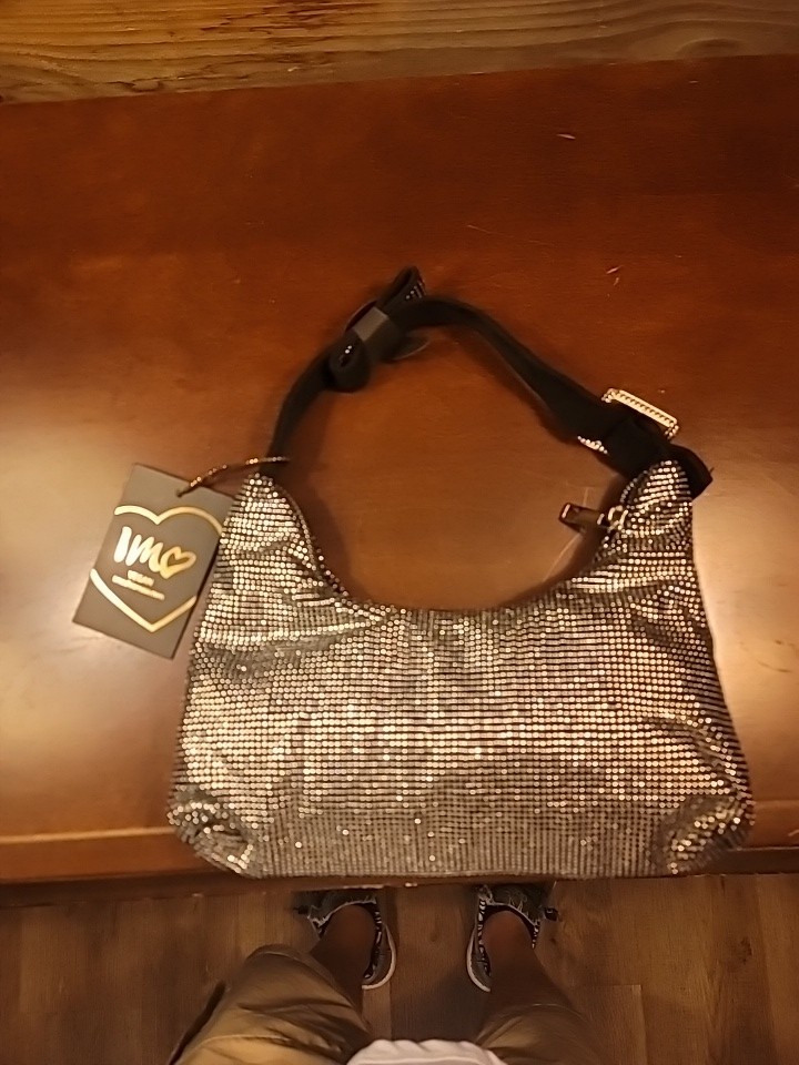 Imoshion Black Silver Rhinestone Shoulder Bag Zip Women VERY SHINY