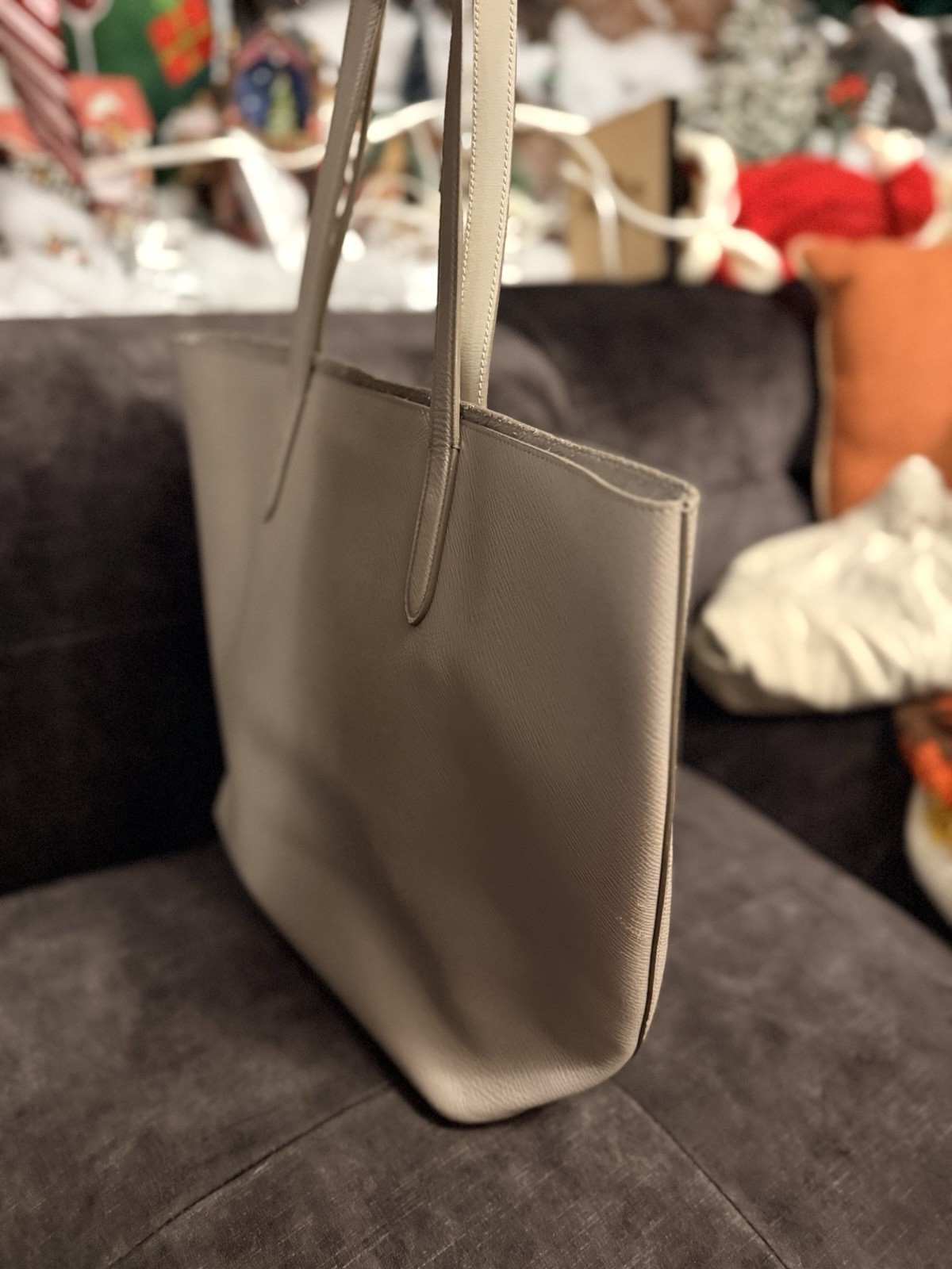 Smythson Pocket Tote Bag Handbag Purse in Taupe Leather