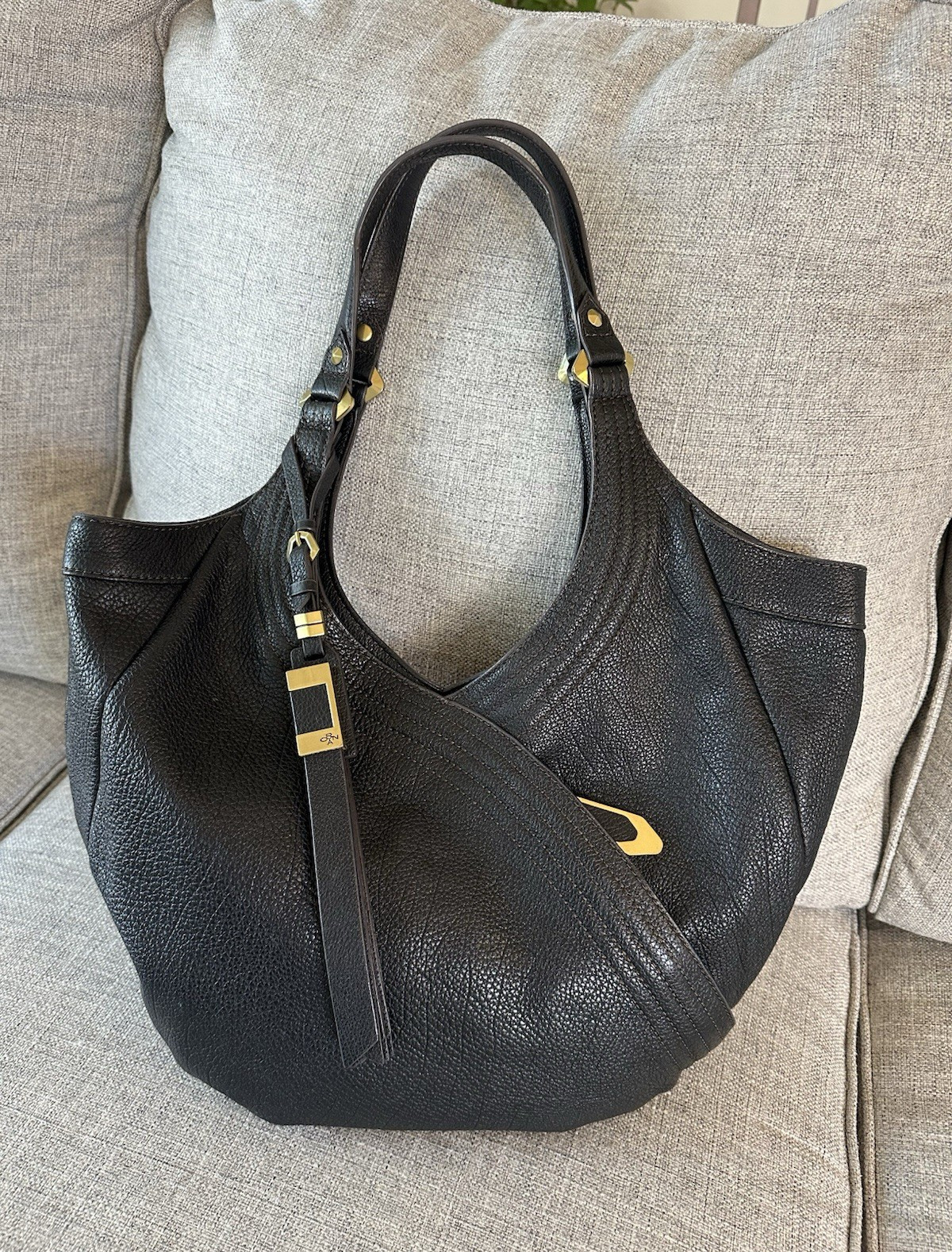orYANY Black Pebbled Large Crescent Shoulder Bag Gold Hardware Zip Geometric