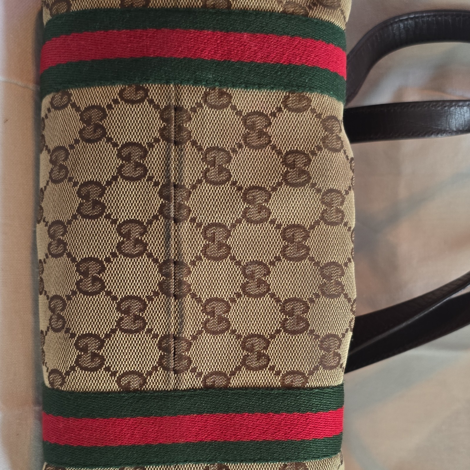 Gucci GG Pattern Web Stripe Tote Bag Beige/Brown w/ Gold Hardware Zip Bag Charm