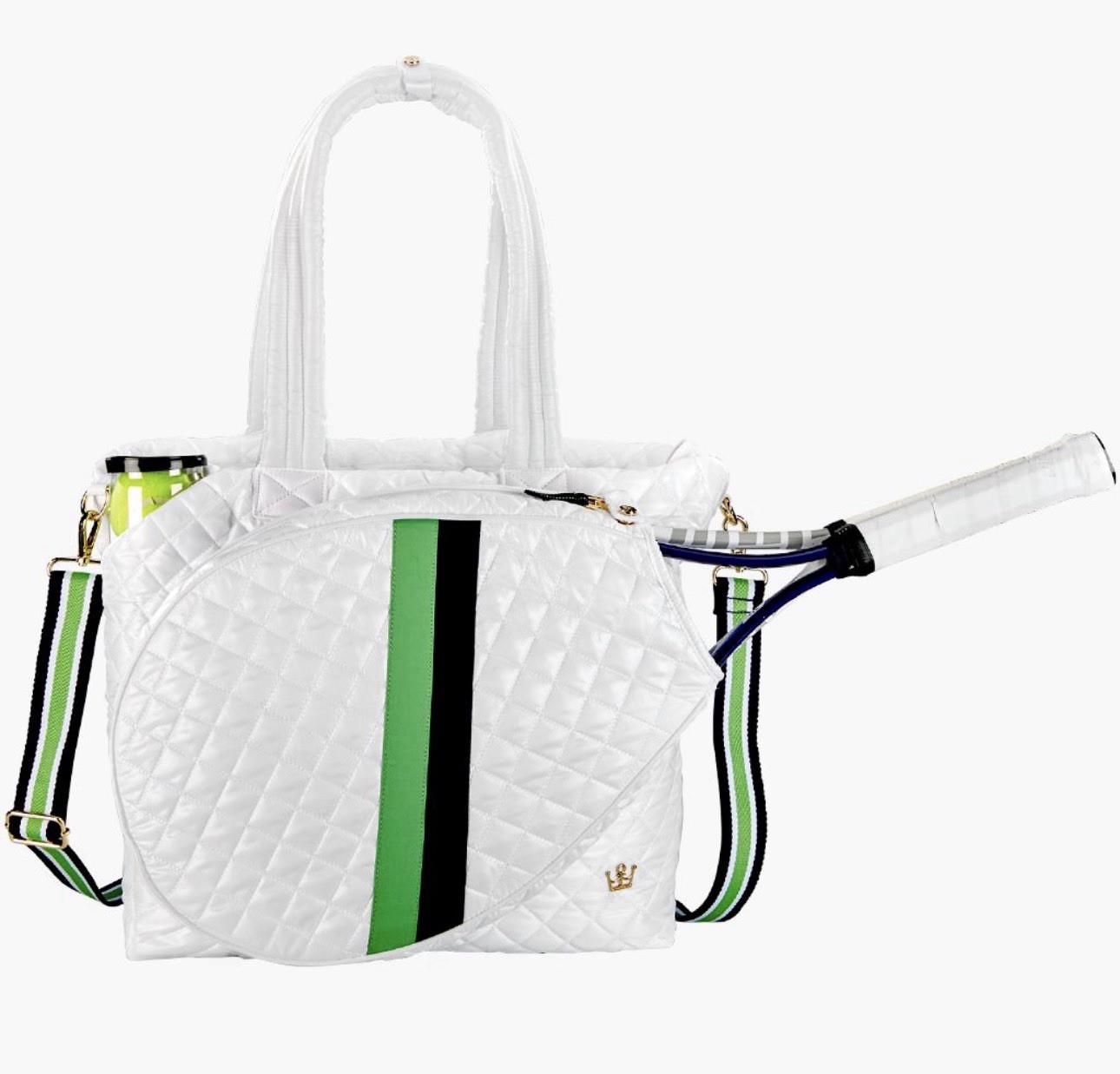 Oliver Thomas Large Quilted White Zip Tote w/ Detachable Green Navy Strap