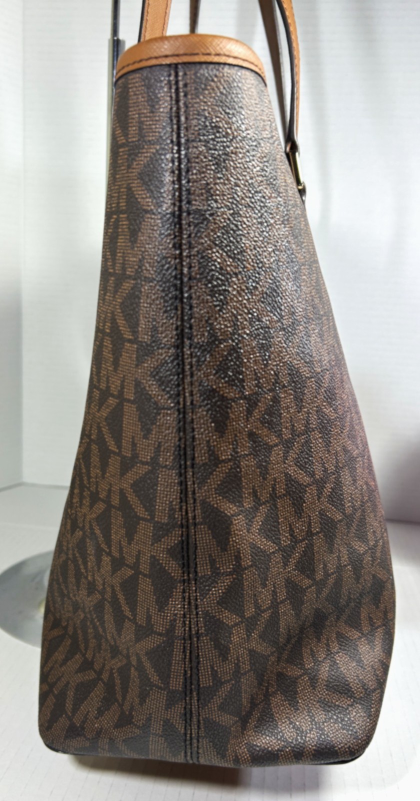 Michael Kors Large Shoulder Tote Brown with Tan Trim Signature Logo