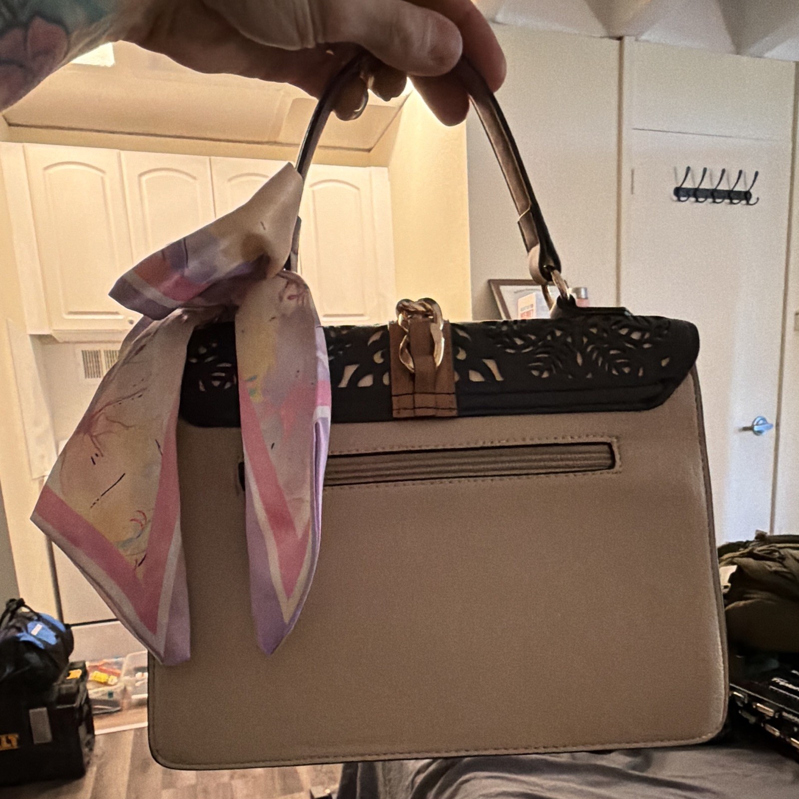 ALDO Beige/Black Medium Top Handle Satchel Cutout Flap, Chain & Bag Charm