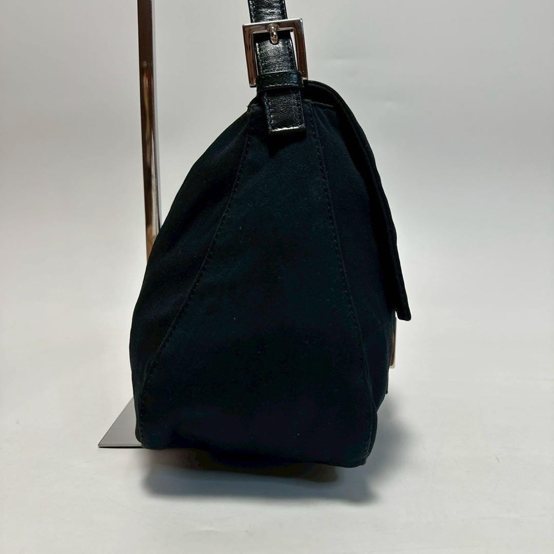 FENDI Mamma Baguette FF Logo Shoulder Bag Black Cotton Jersey Leather W/Dust Bag