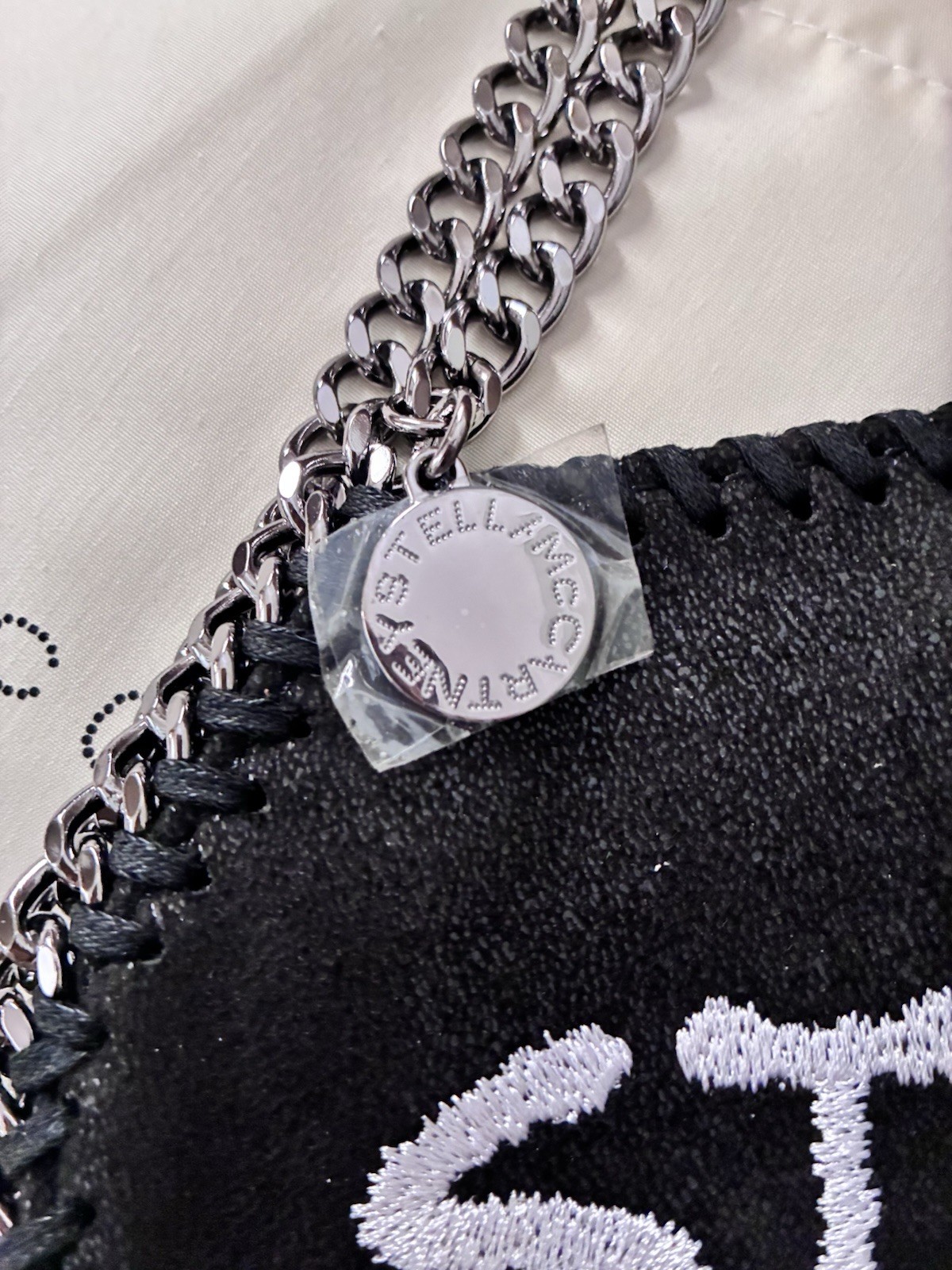 Stella McCartney Black Small Logo Embroidered Chain Strap Shoulder Bag Dust Bag