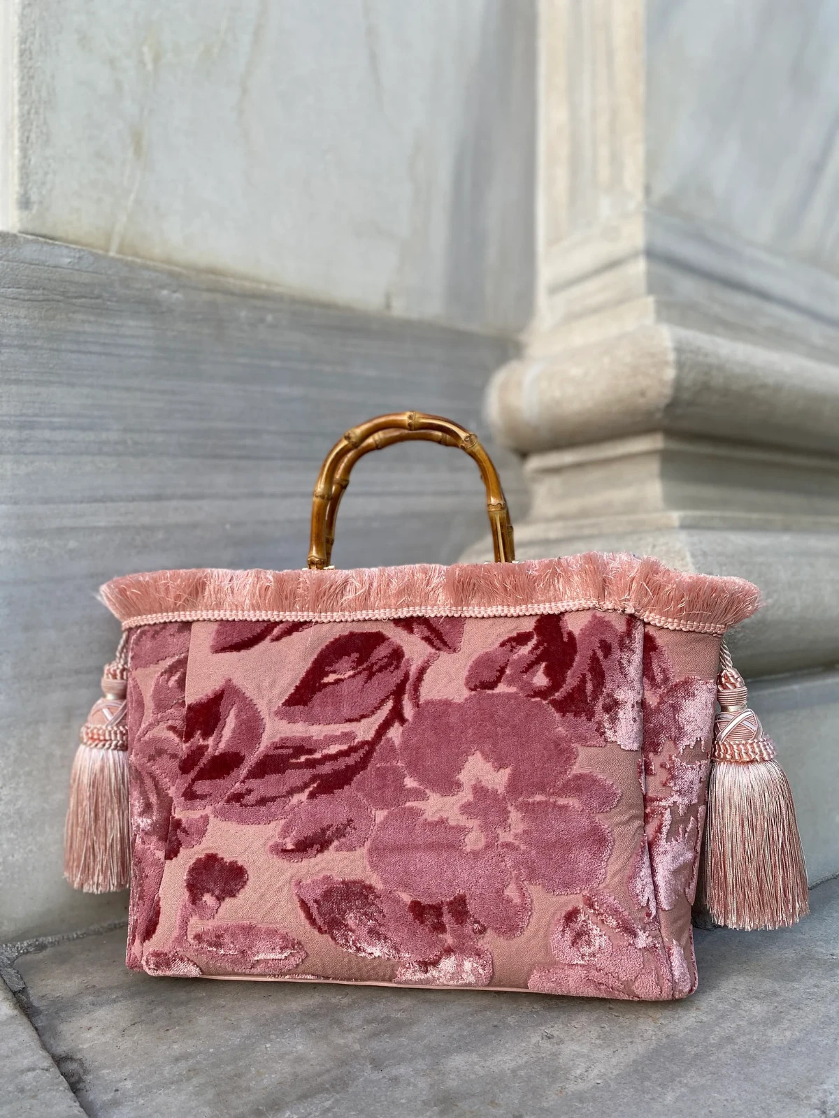 Baroque Silk Ikat Velvet Tote Bag Bamboo Handle Floral Rose Pink Tassel Shoulder