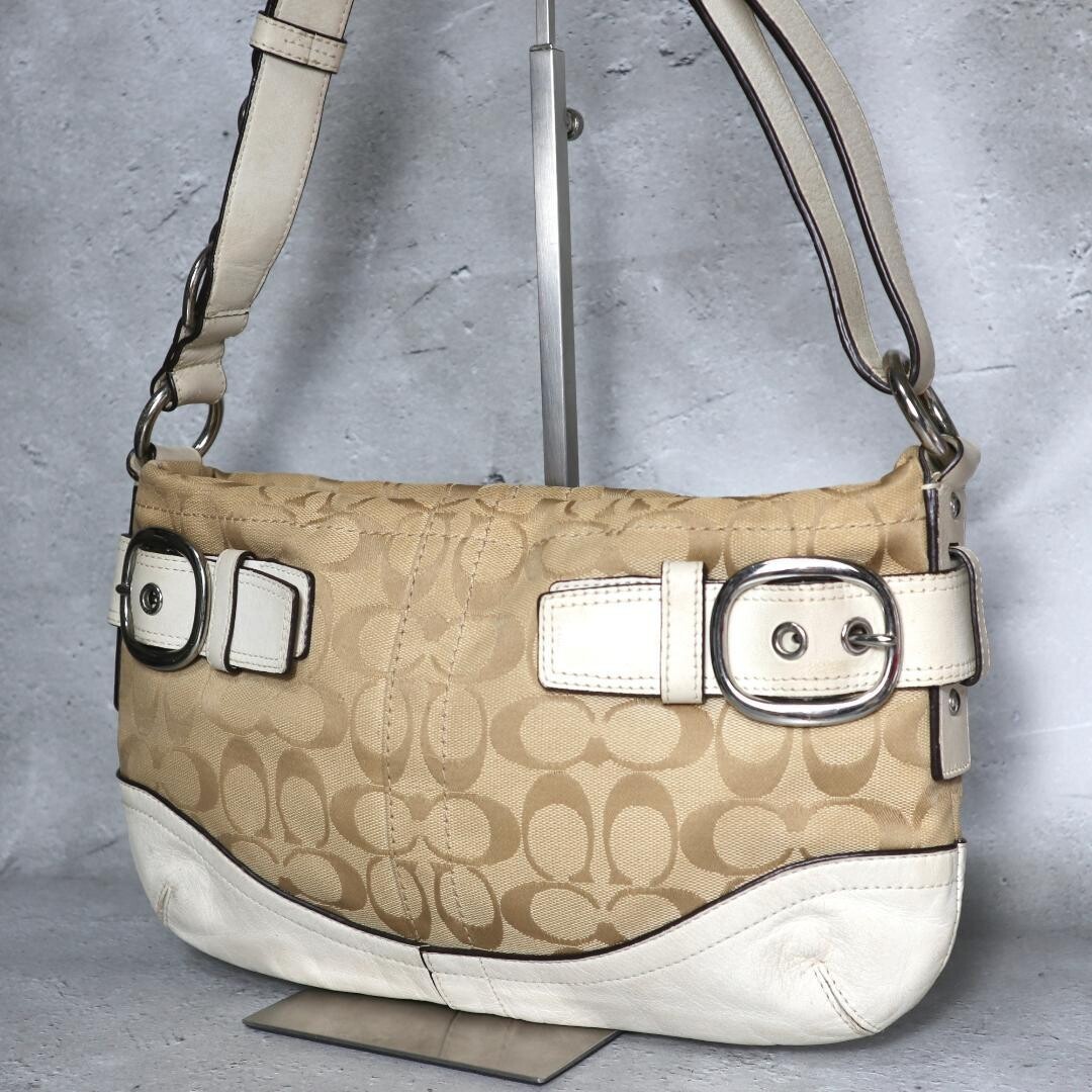 Coach Signature Canvas Leather Shoulder Bag Beige White Silver Zip 31cm 19cm