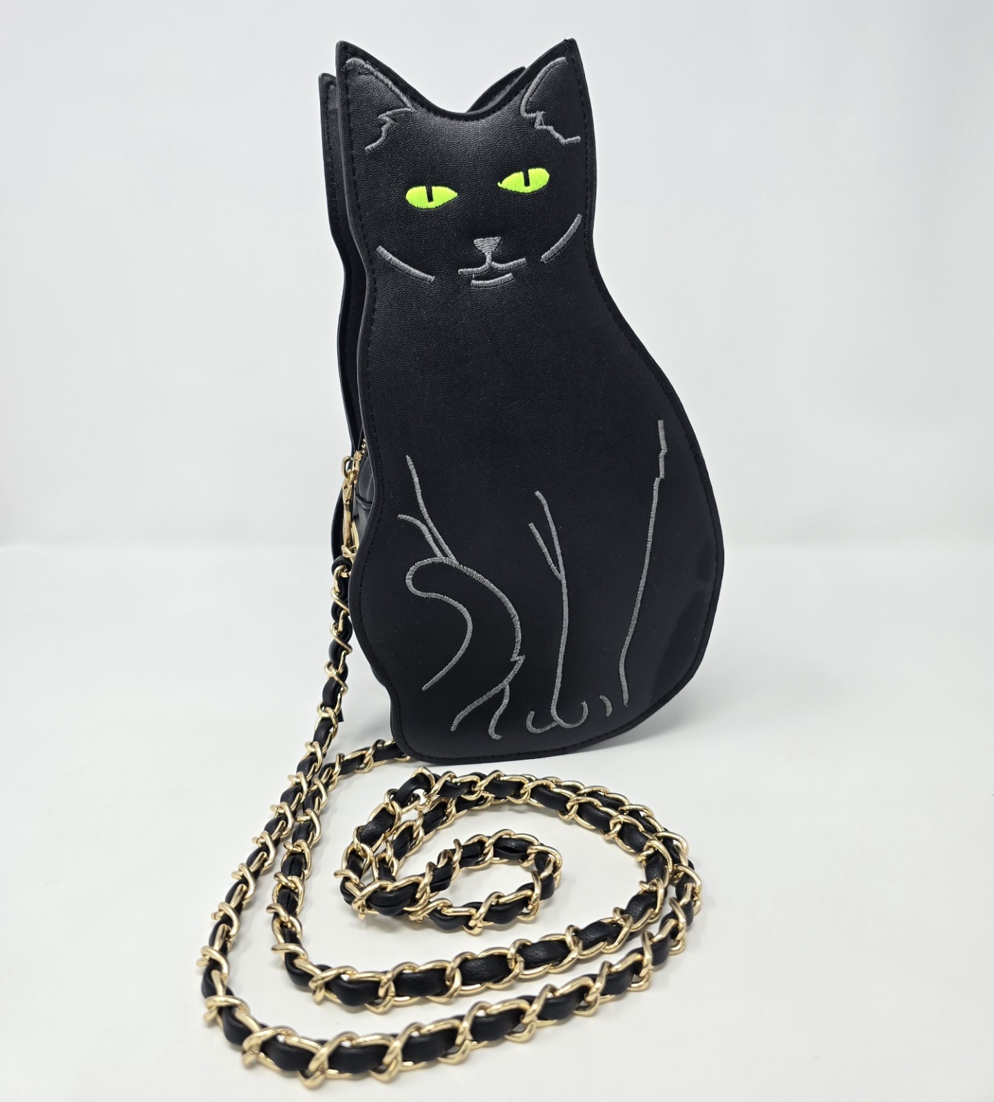 Black Kitty Cat w/ Green Eyes Crossbody Purse Gold Chain Strap Cute Halloween