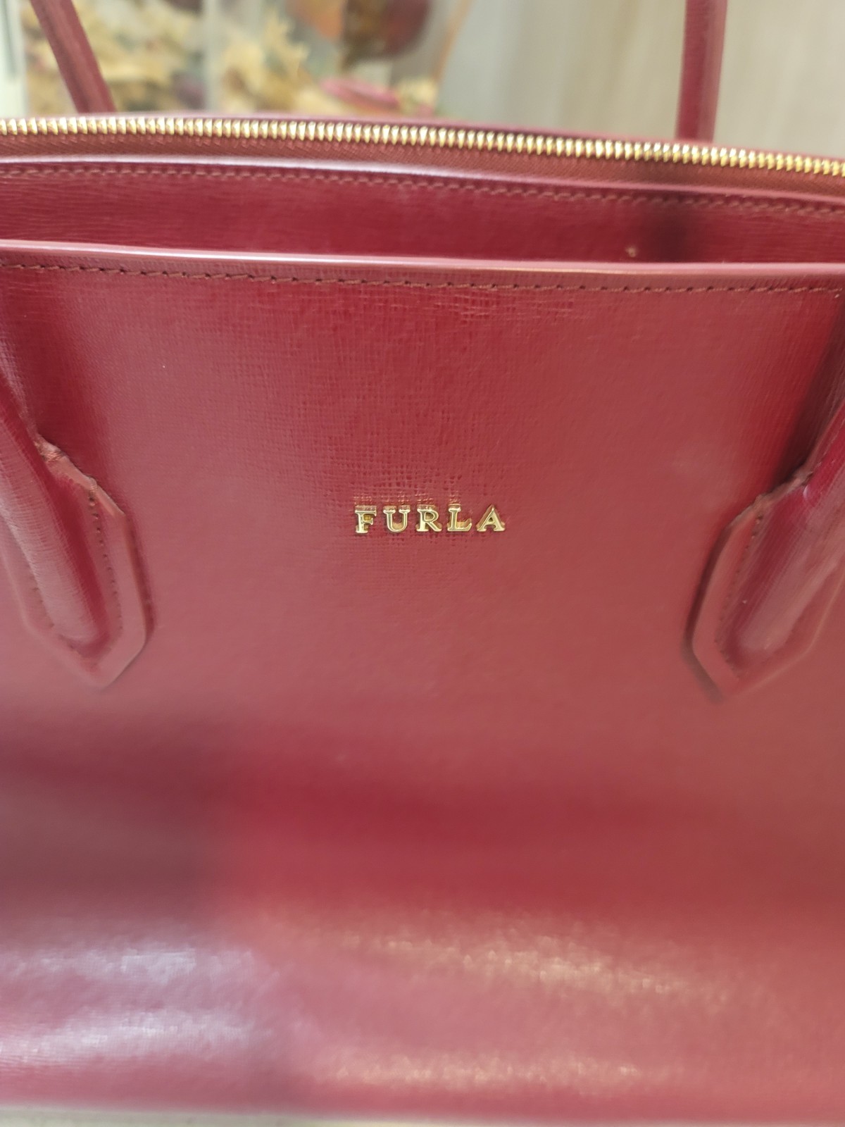 Furla Pin Leather Top-Handle Satchel Handbag Dark Red/Crimson