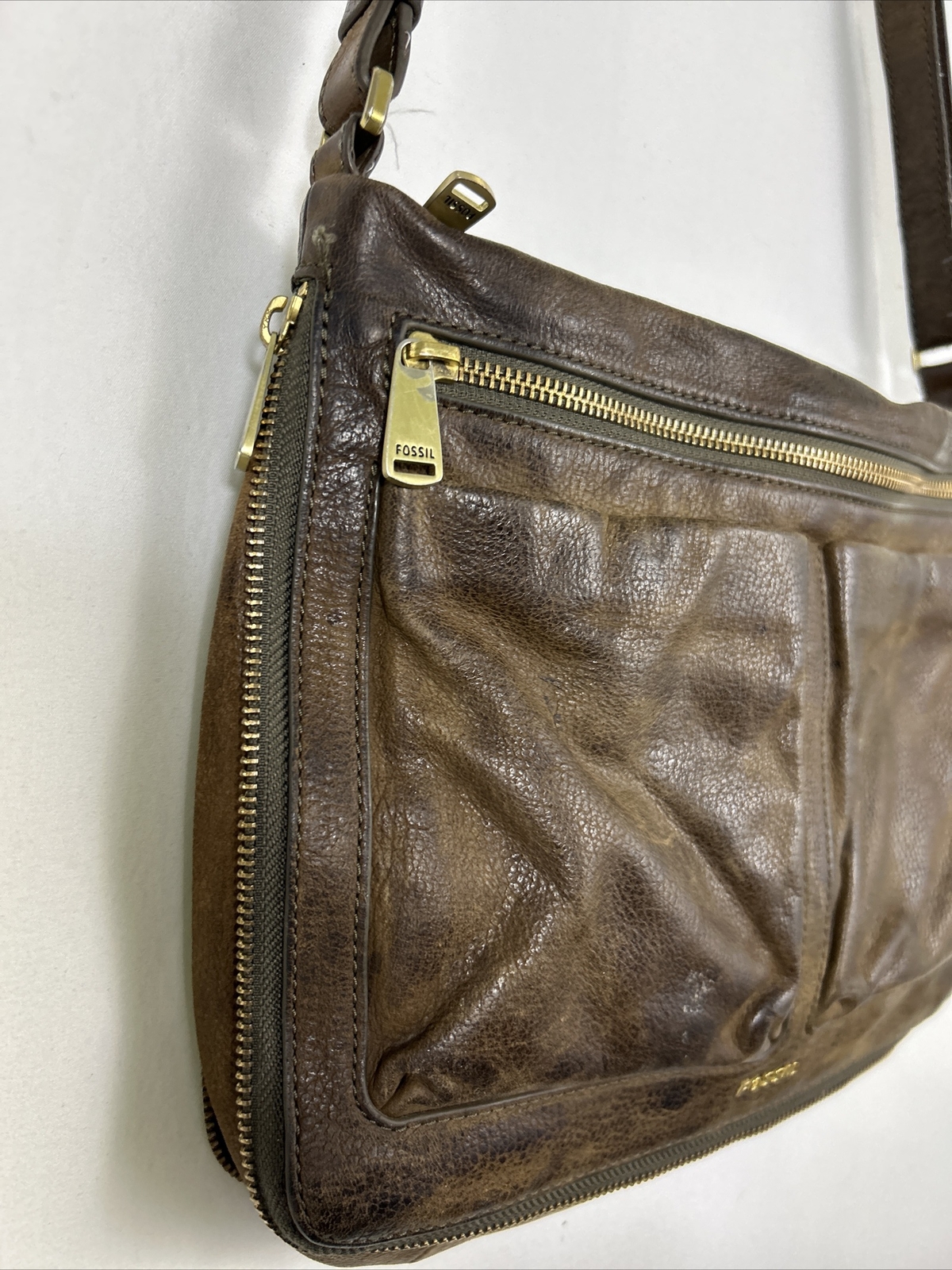 Brown Pebbled Leather Piper Fossil Expandable Crossbody 12x9x1-3 Adjustable