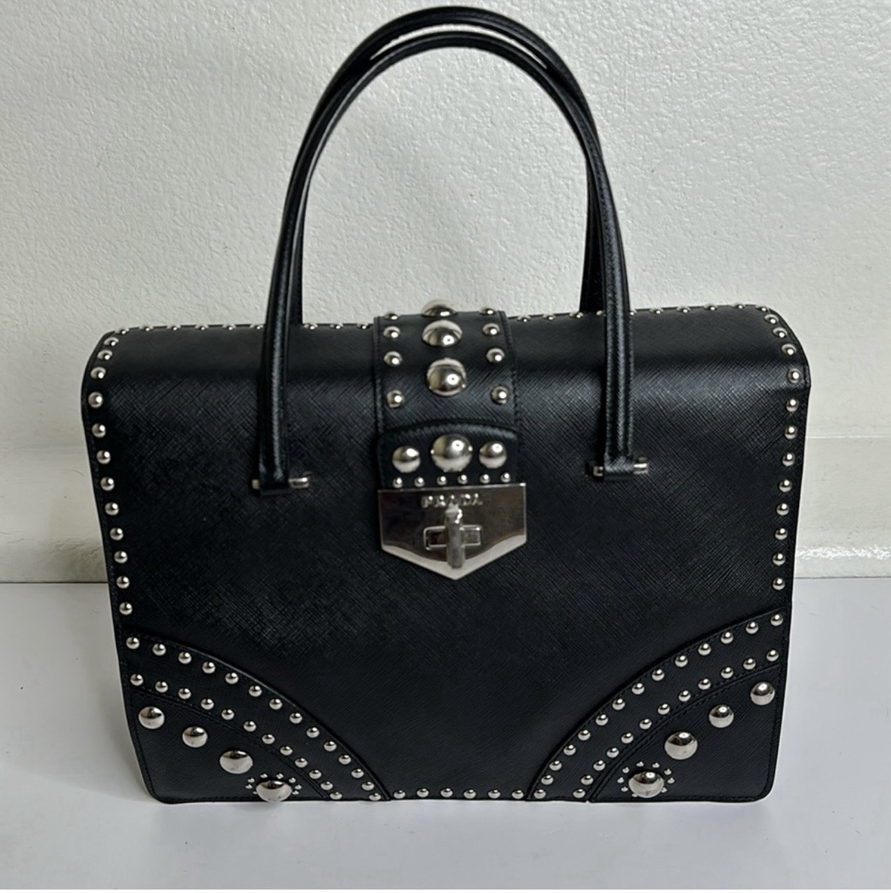 Prada Black Studded Satchel Red Interior Double Handles with Dust Bag