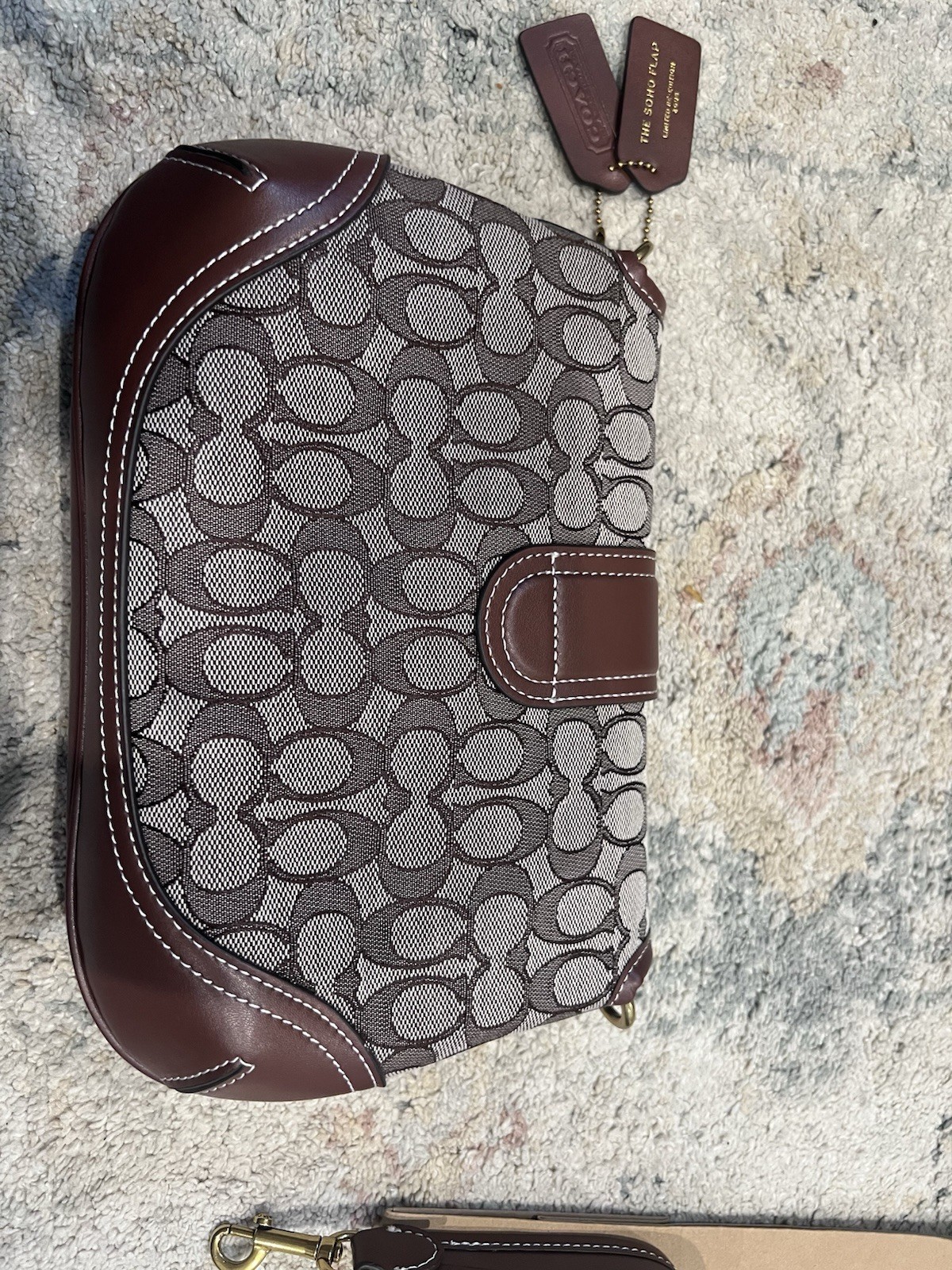 Coach Soho Signature Flap Shoulder Bag Brown/Beige Gold Buckle Lined Pockets