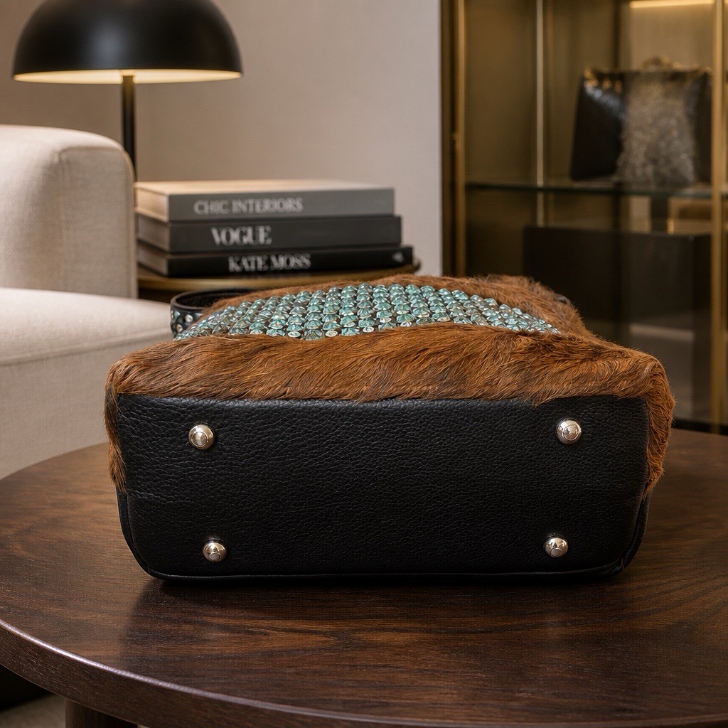 Raviani Hobo in Brown Hair On Cowhide Leather With Turquoise Studs & Crystals