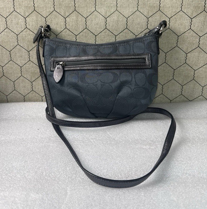 Coach Signature Gray Crossbody Bag Purple Lining Zip Inner Pockets Charm