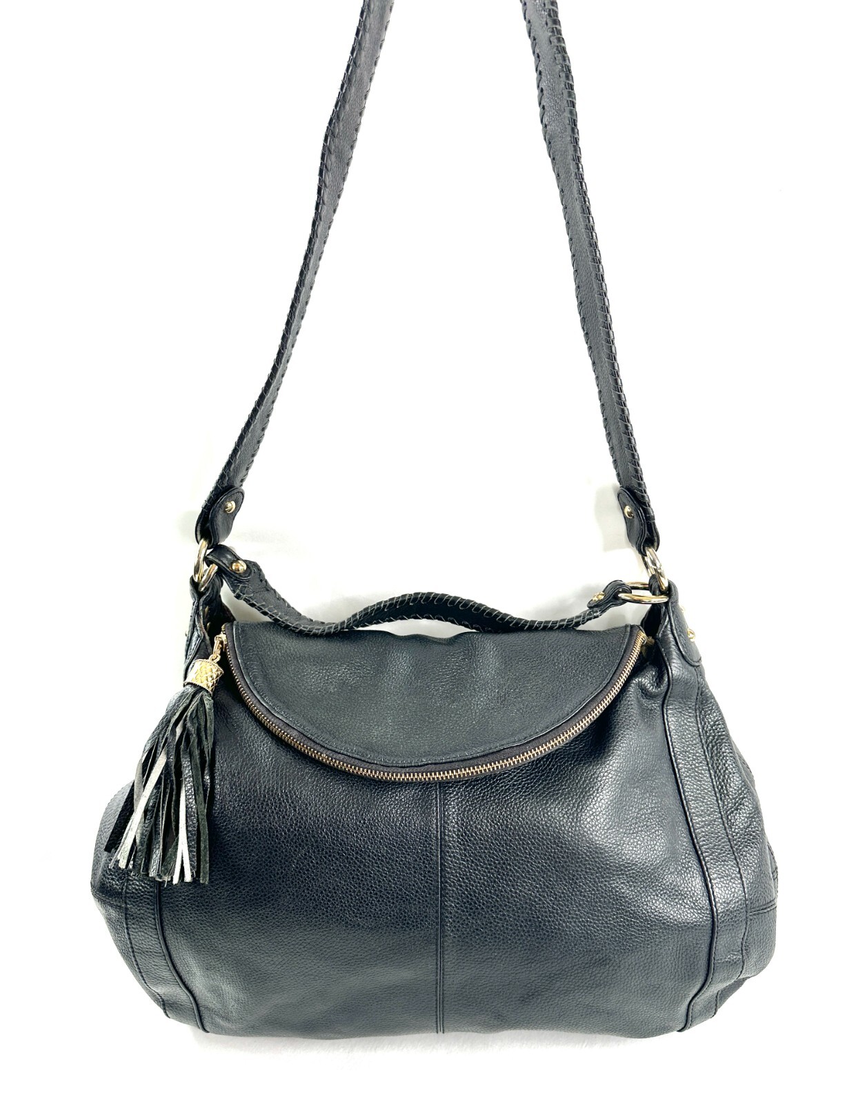 Onna Ehrlich Black Leather Hobo Large Fold Over Zip Around Shoulder Bag Tassel