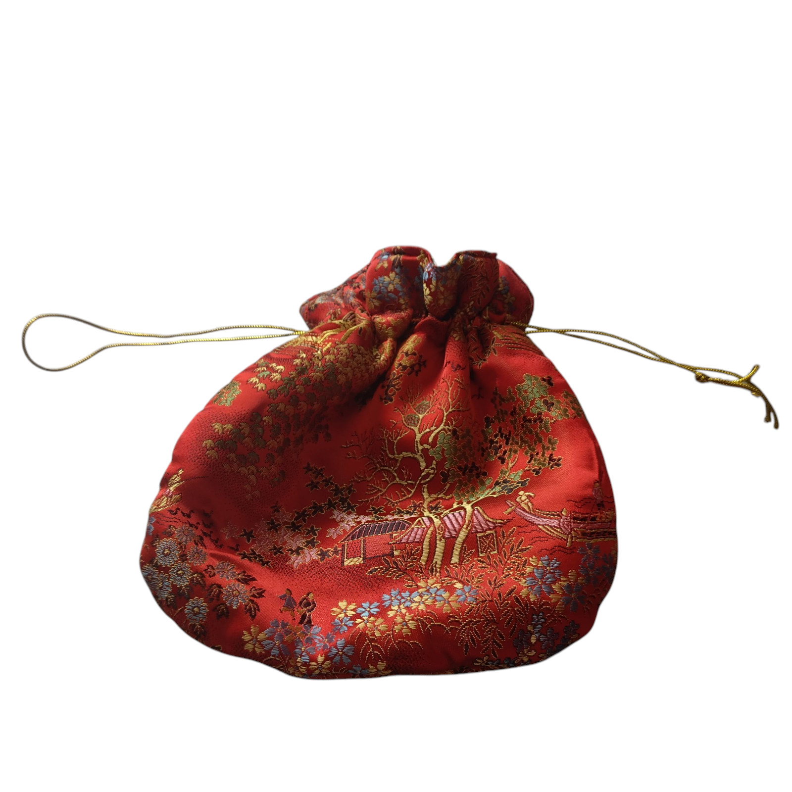 Chinese/Asian Print Red Drawstring Pouch Purse Colorful Silky Classic