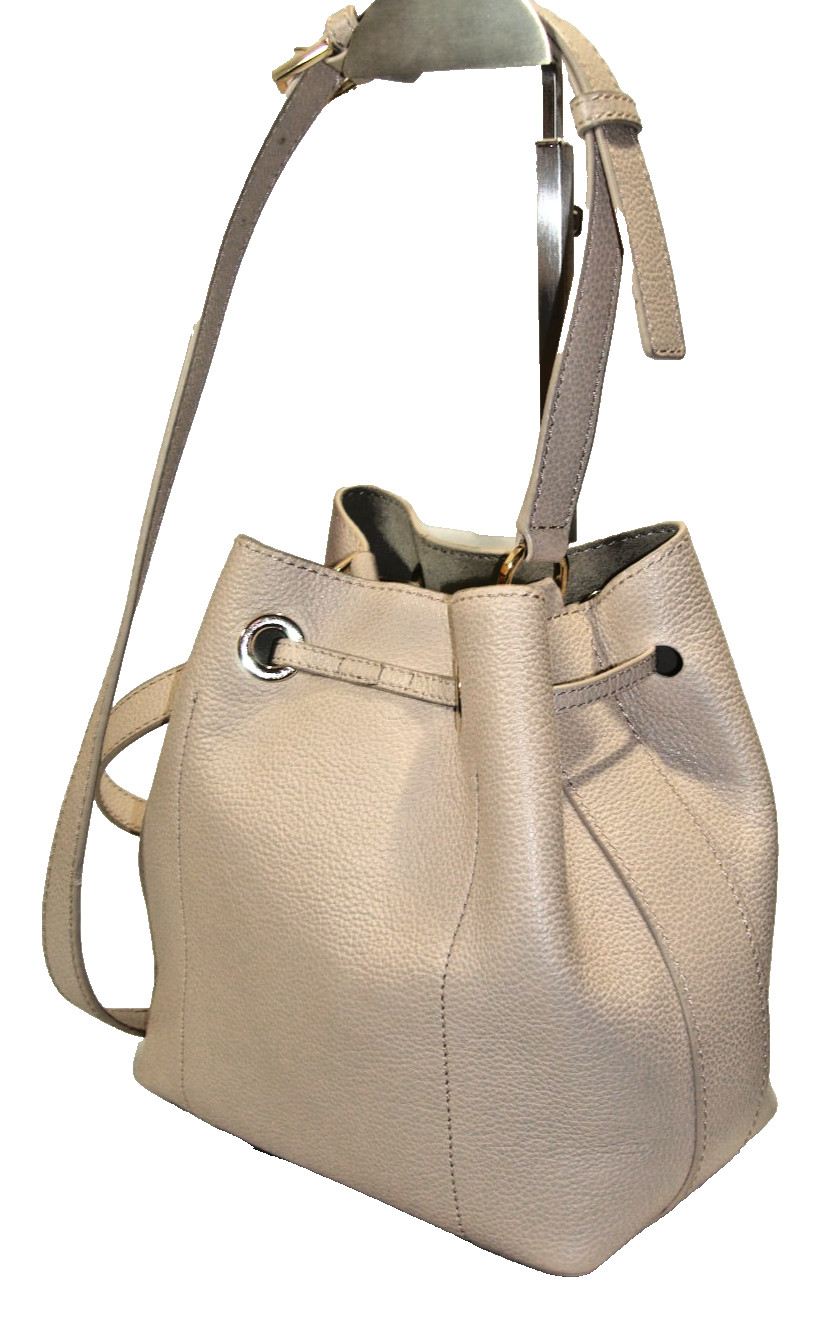 Furla Beige Soft Pebbled Leather Suede Lined Drawstring Bucket Shoulder Bag MINT