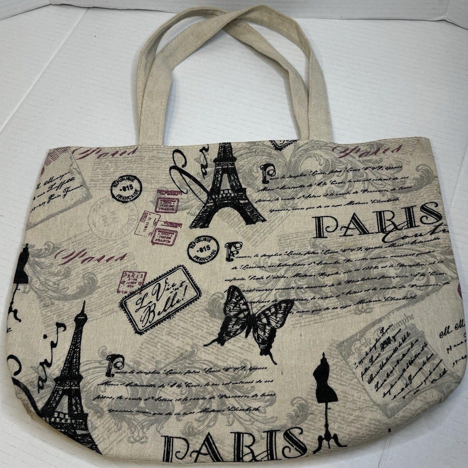 Paris-Inspired Canvas Tote Bag Purse 15 X 11.5 inches Open Closure