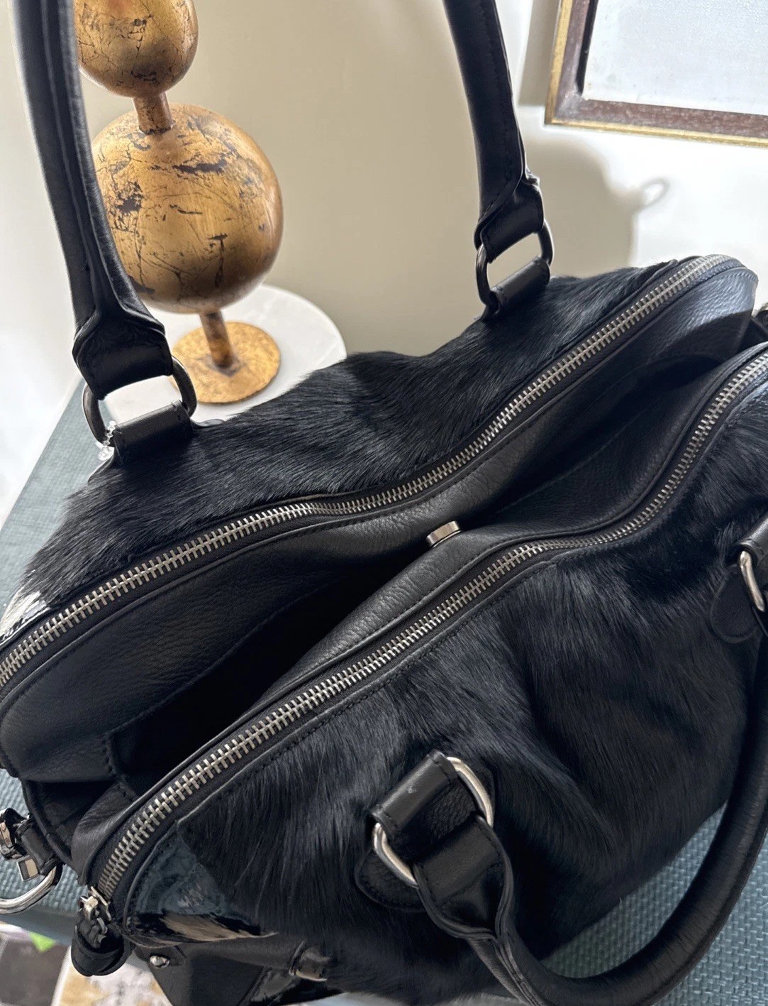 Audrey Brooke Black Pebble Leather Patent & Real Calf Hair Hobo Satchel Bag NWOT