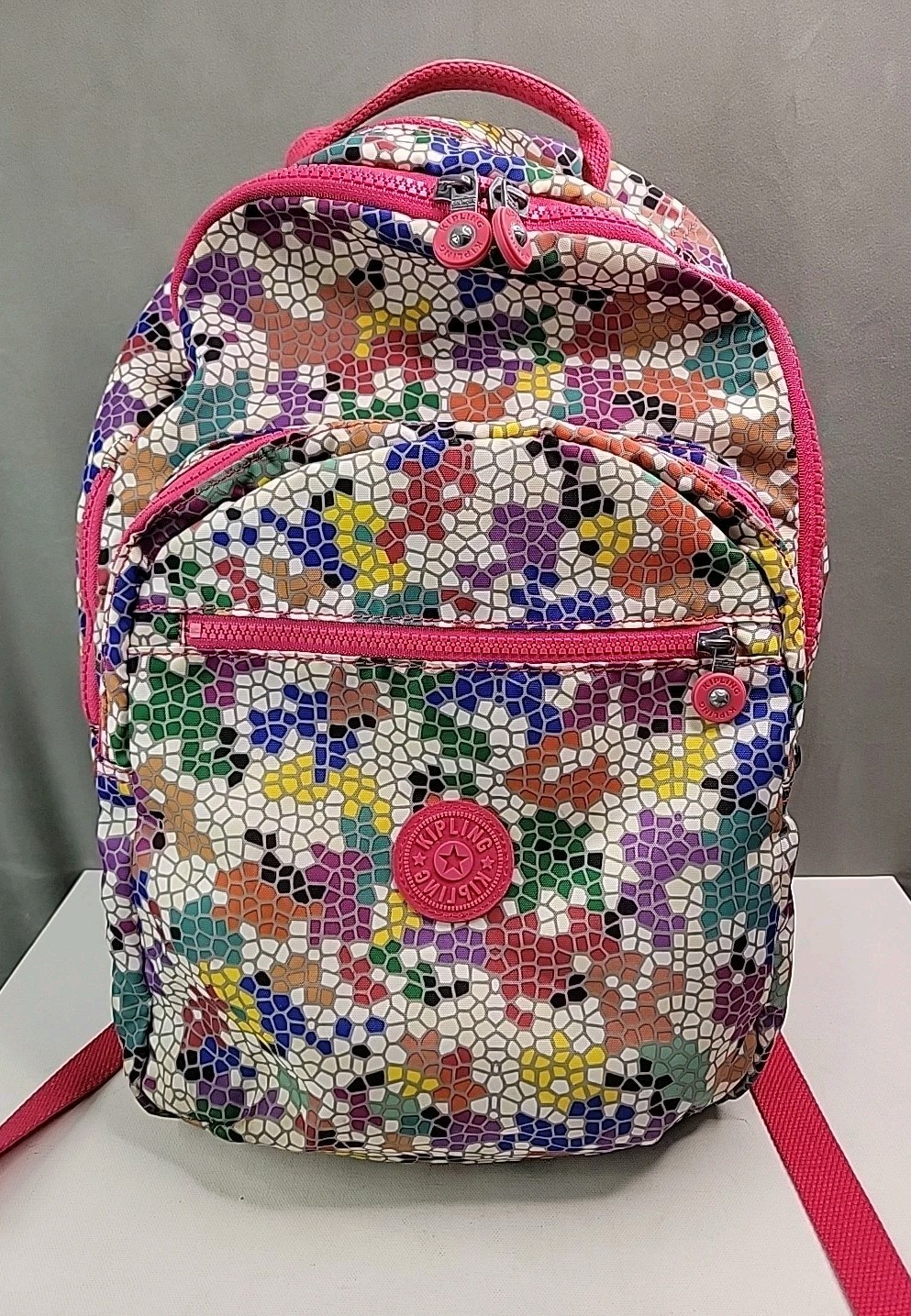 Kipling Seoul Large Laptop Backpack In Colorful Mosaic Print Muli Pockets Padded