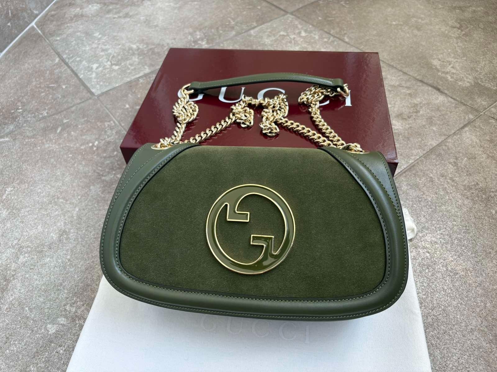 Gucci Blondie Medium Bag Green Leather Chain Strap Gold / Green GG Authentic