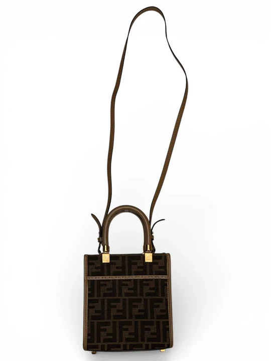 Authentic Fendi Roma Mini Zucca Canvas Shopper Bag Brown Leather Crossbody Mini