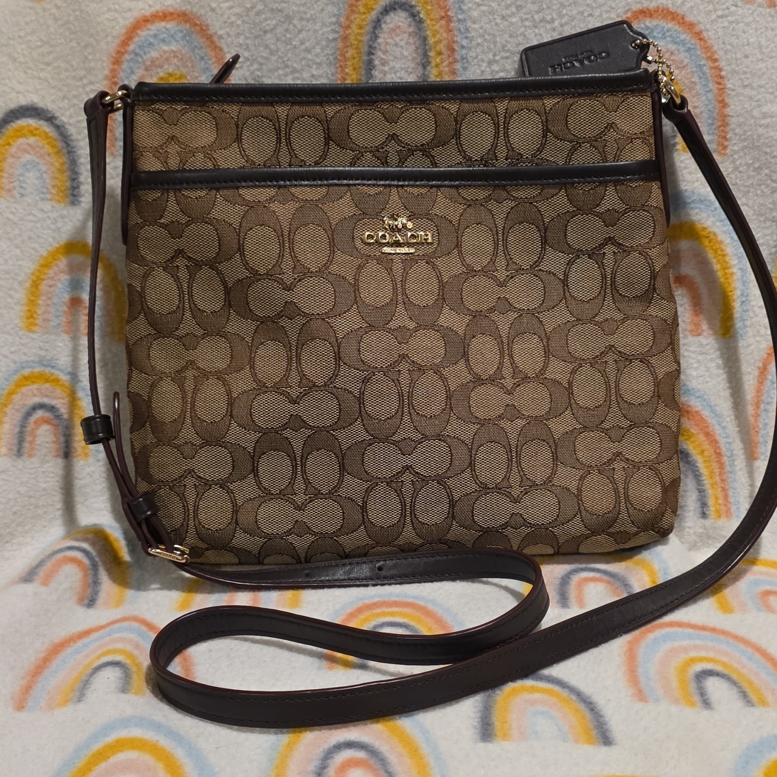 Authentic Coach Signature Canvas File Crossbody Bag – Brown & Khaki