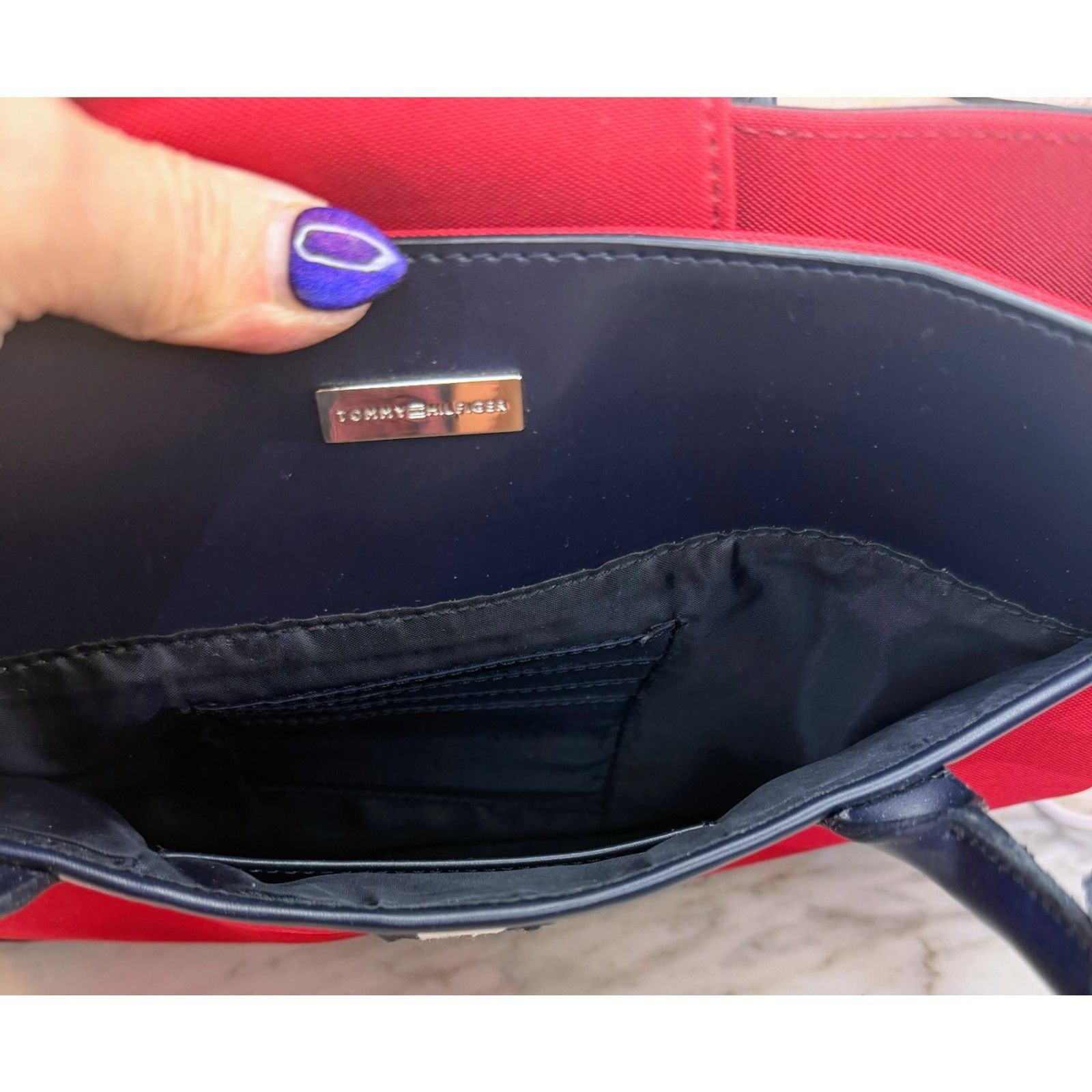 Tommy Hilfiger Large Tote Bag Red Canvas Navy Leather Trim Signature Stripe Logo