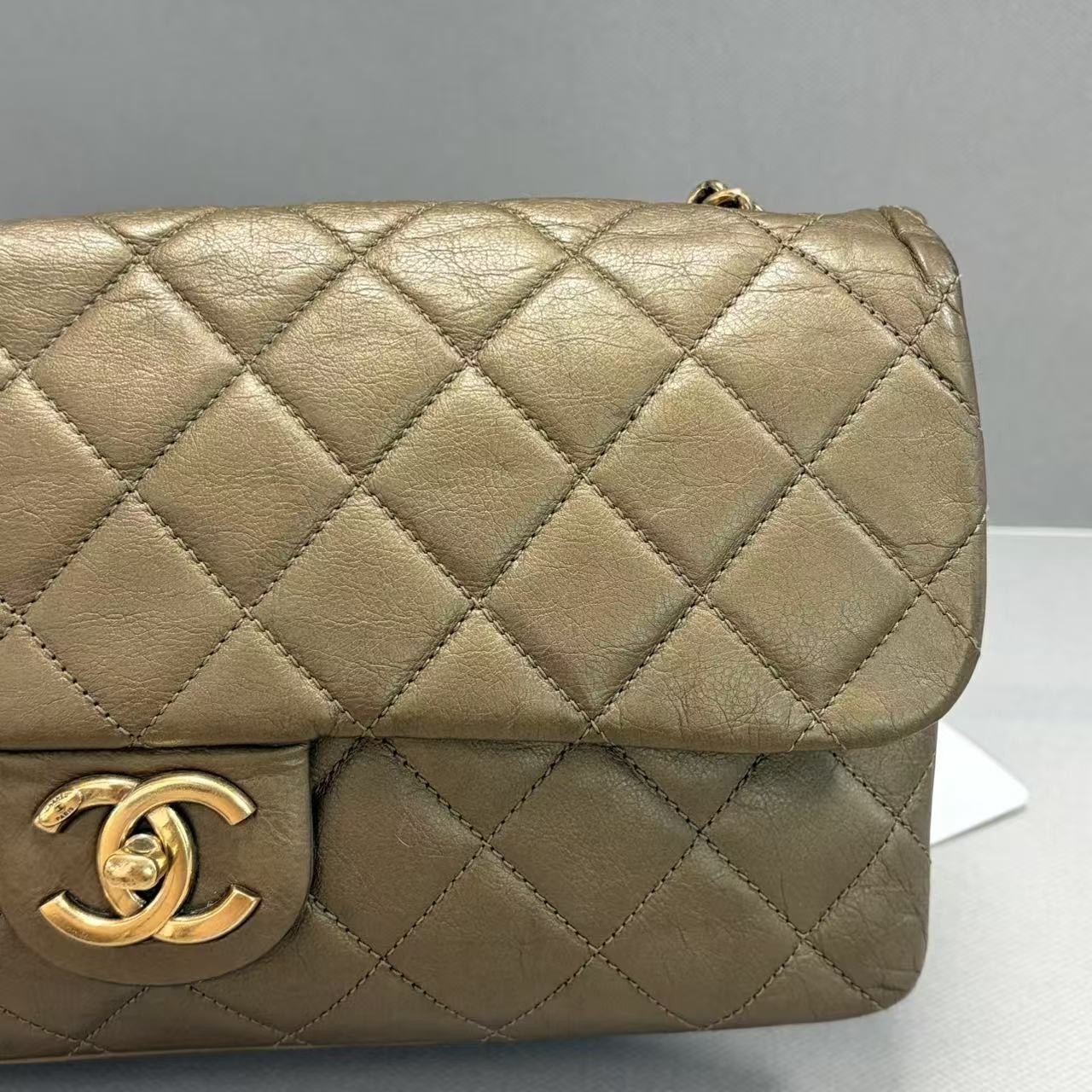 Chanel Jumbo Flap Shoulder Bag Bronze Metallic Lambskin Gold‑Tone Hardware Auth