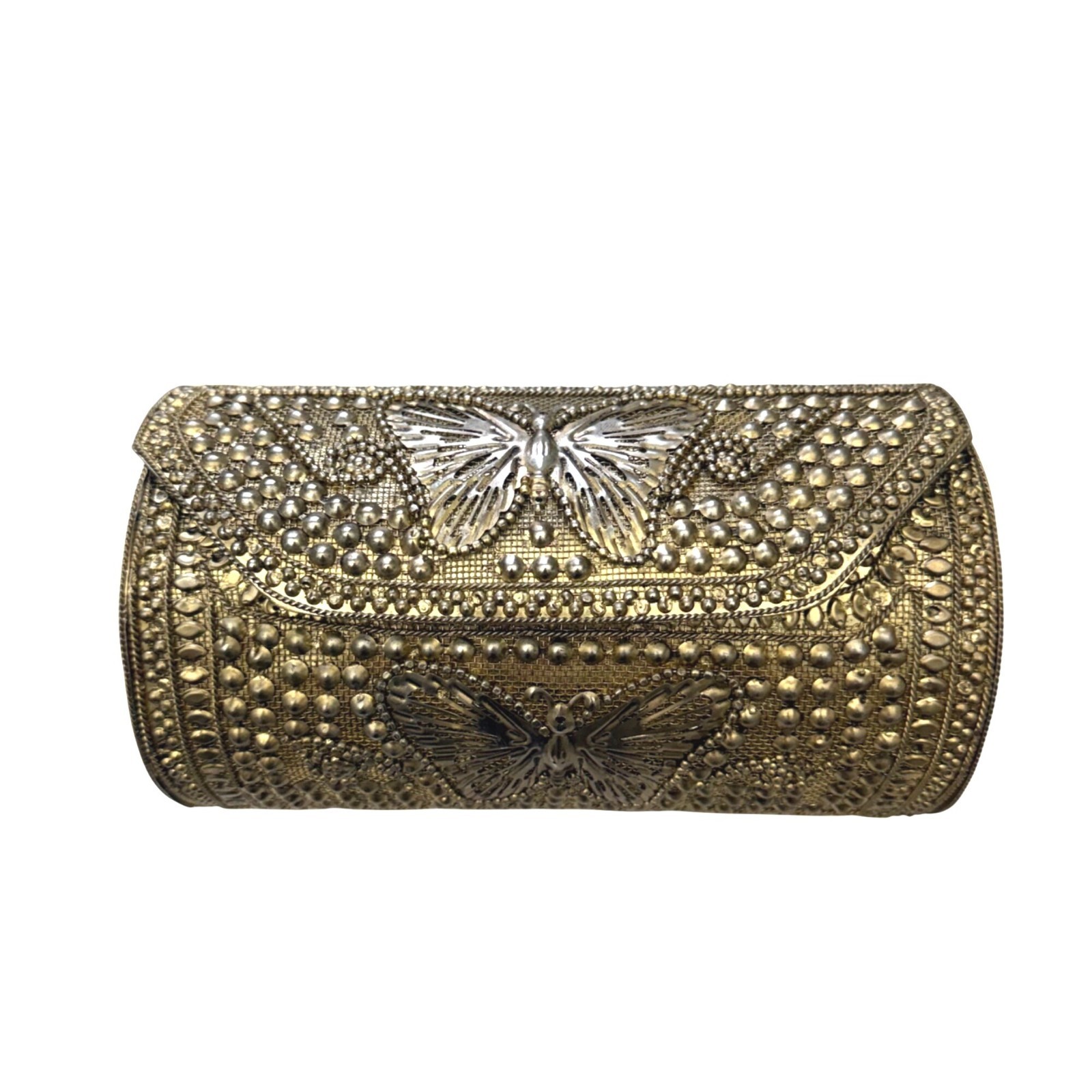 Women’s Evening Bag Indian Bridal Butterfly Clutch Gold Tone Metal Cylinder