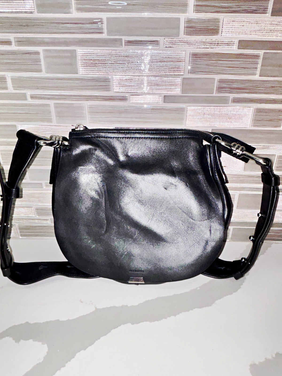 AllSaints Black Crescent Shoulder Bag, Zip Closure, Silver Hardware, Pockets