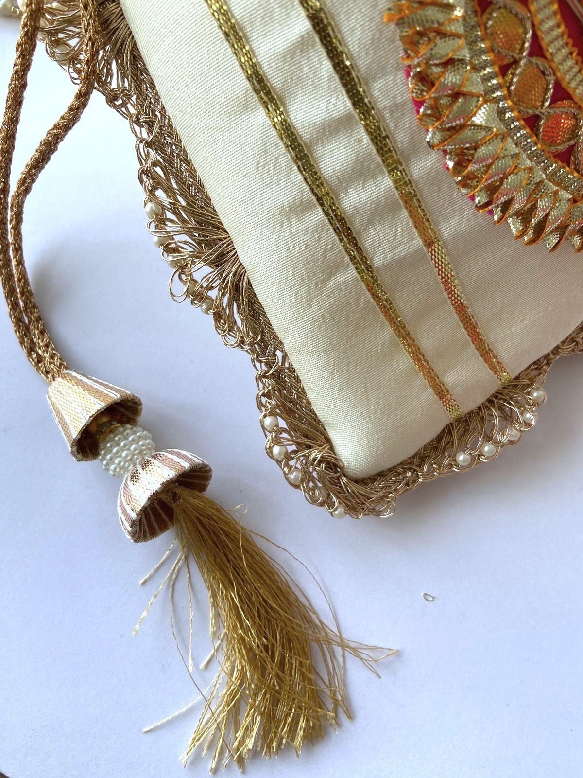 Indian Off White Gotta Handwork Flower with Pearl Lace and Handle Potli Bag