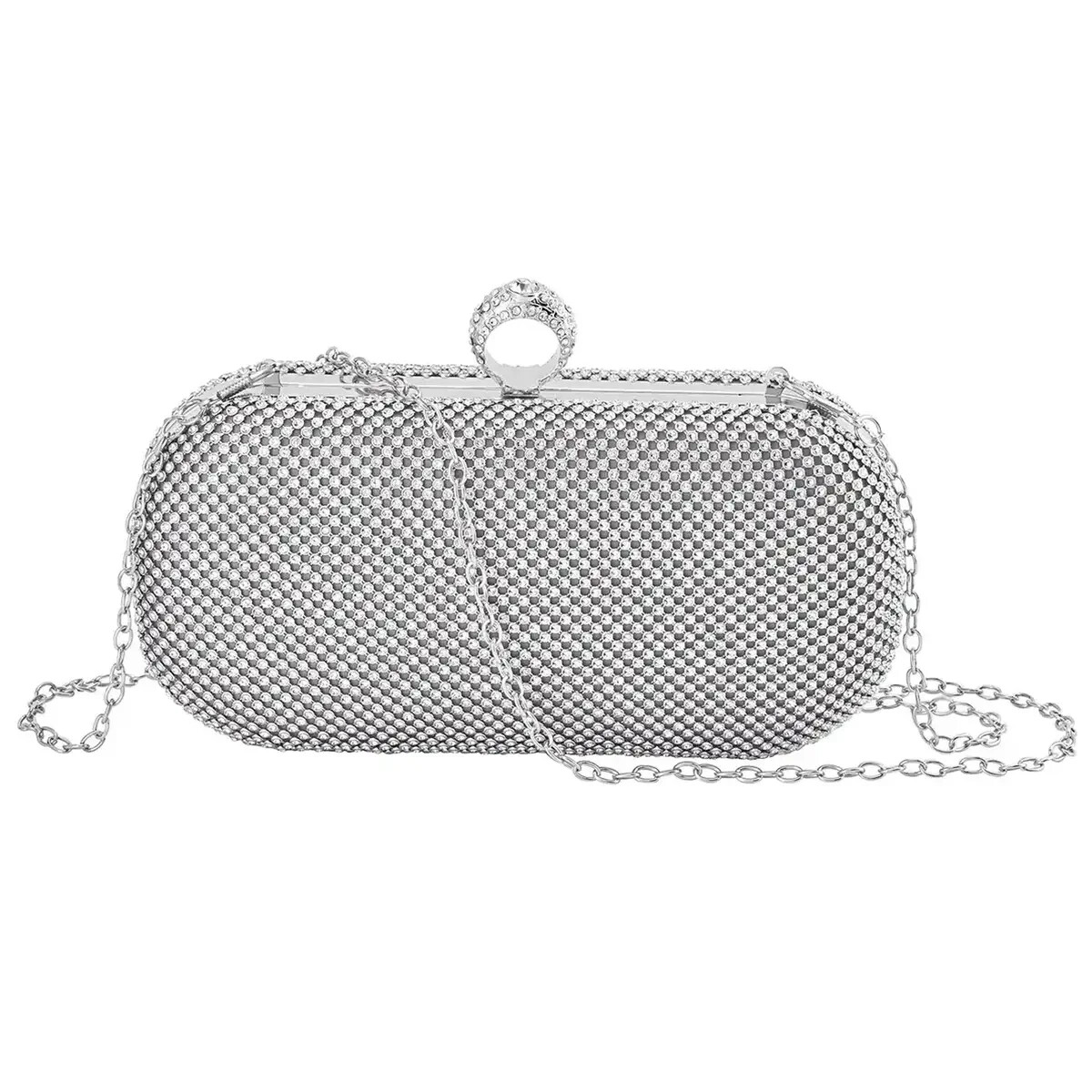 Silver Sparkling Austrian Crystal Clutch 8.66″x2.36″x4.72″ w/ Detachable Chain