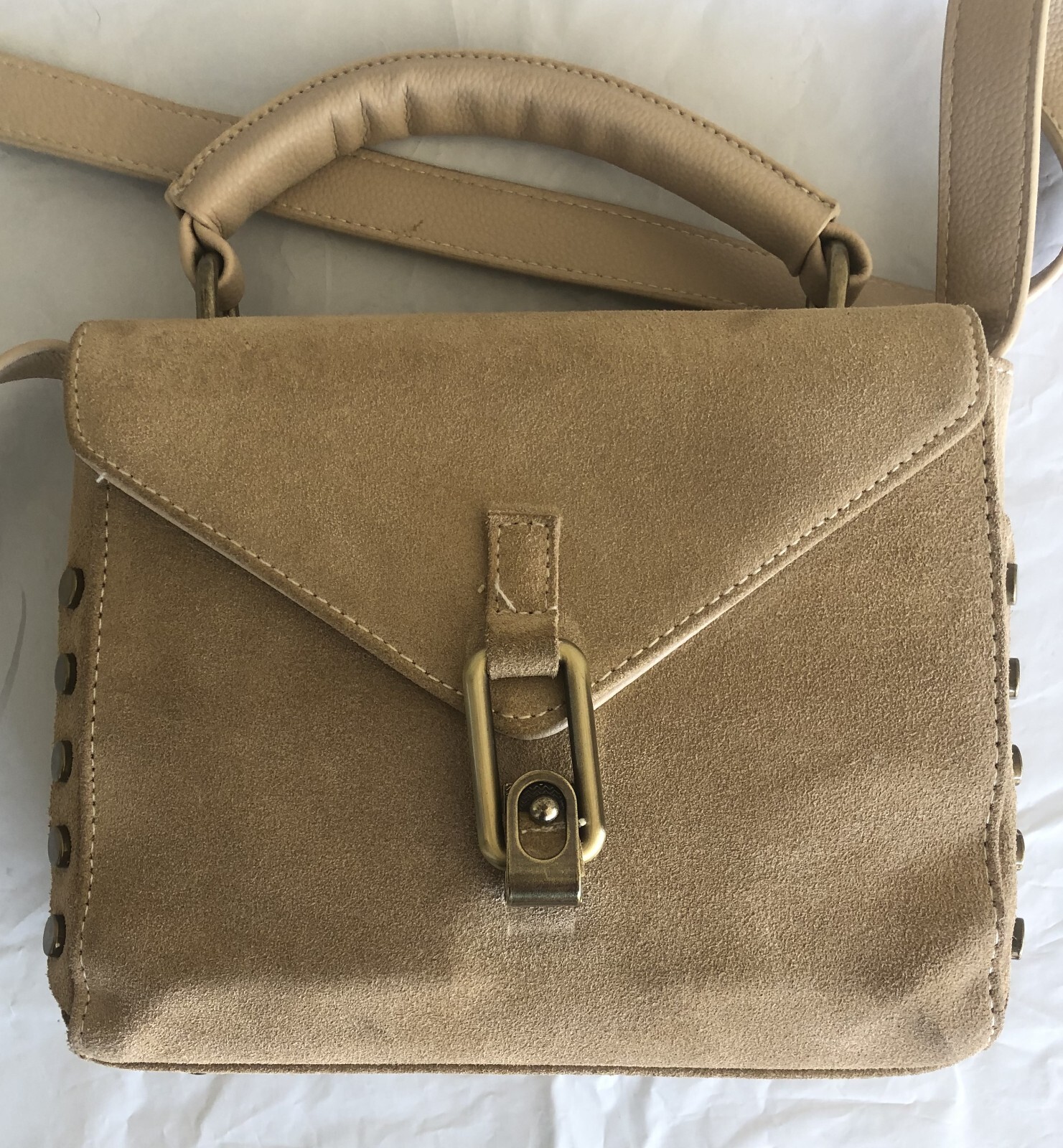 Lionel Beige Suede Crossbody Purse Handle Stud Accent Latch Close Adjust Strap