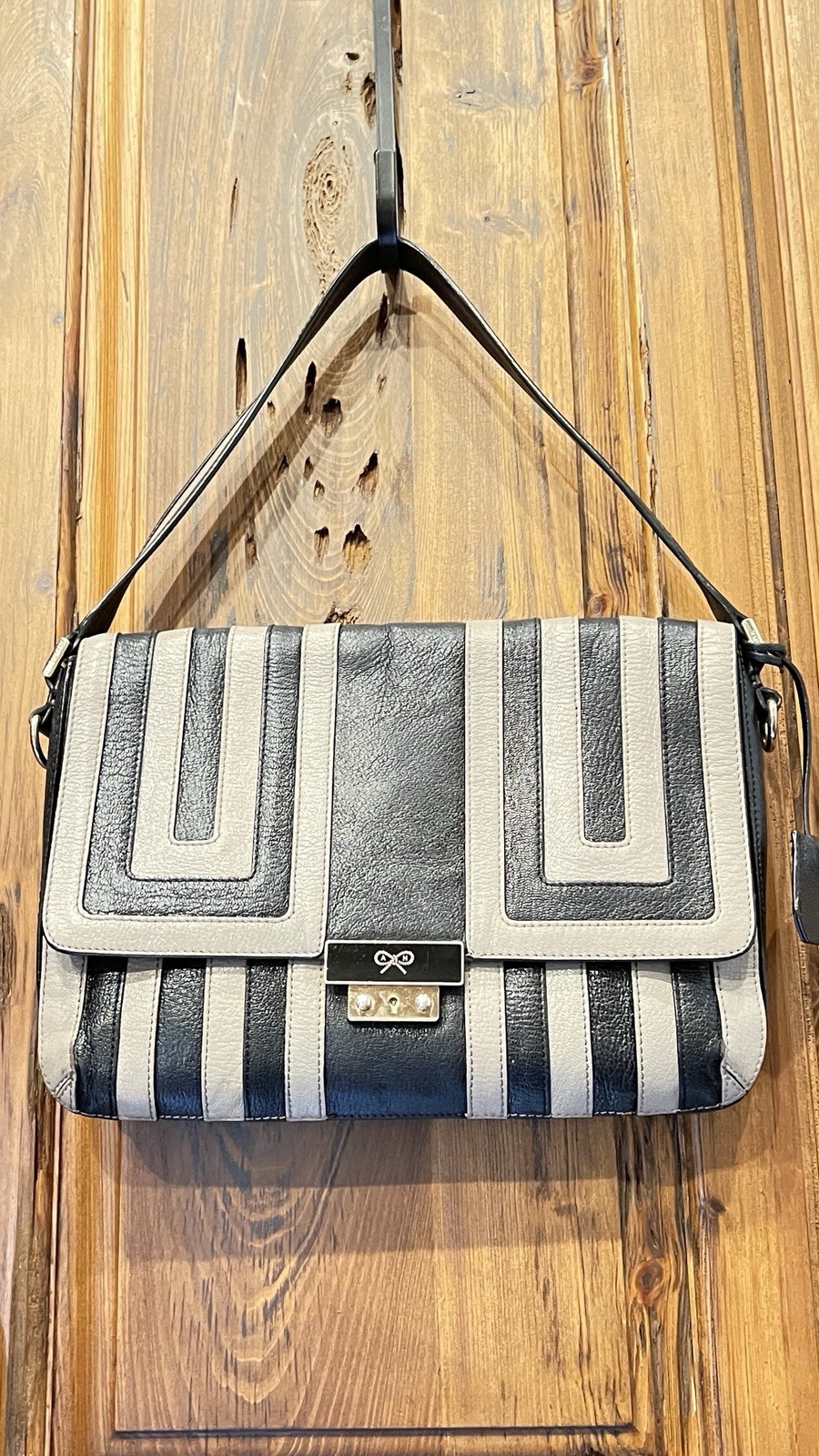 Anya Hindmarch Clutch Shoulder Strap Purse Black Tan Leather Bag Handbag