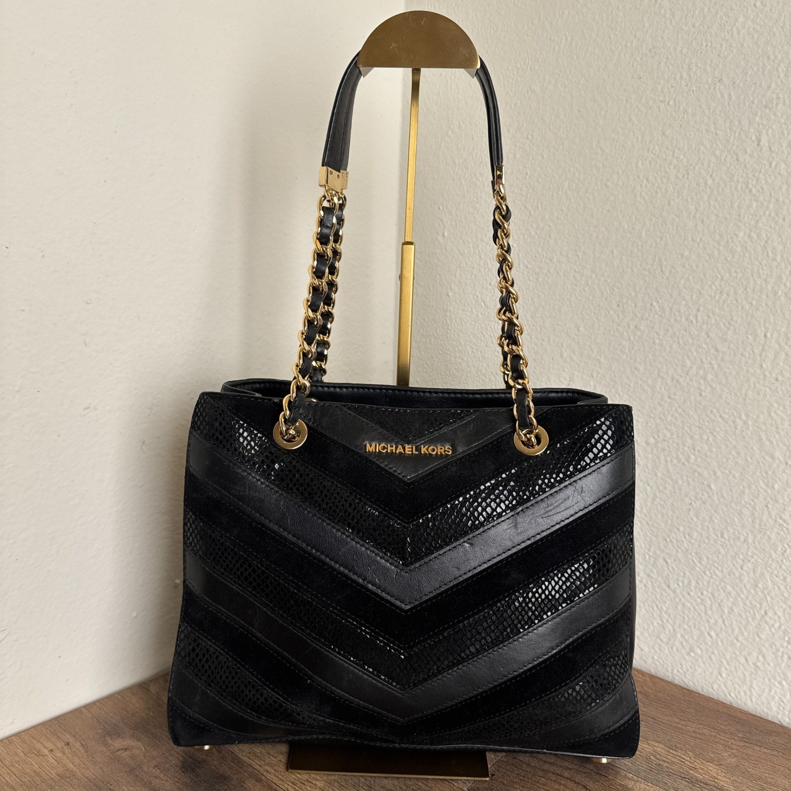 Michael Kors Susannah Chevron Black Tote Bag Patchwork Snakeskin Embossed