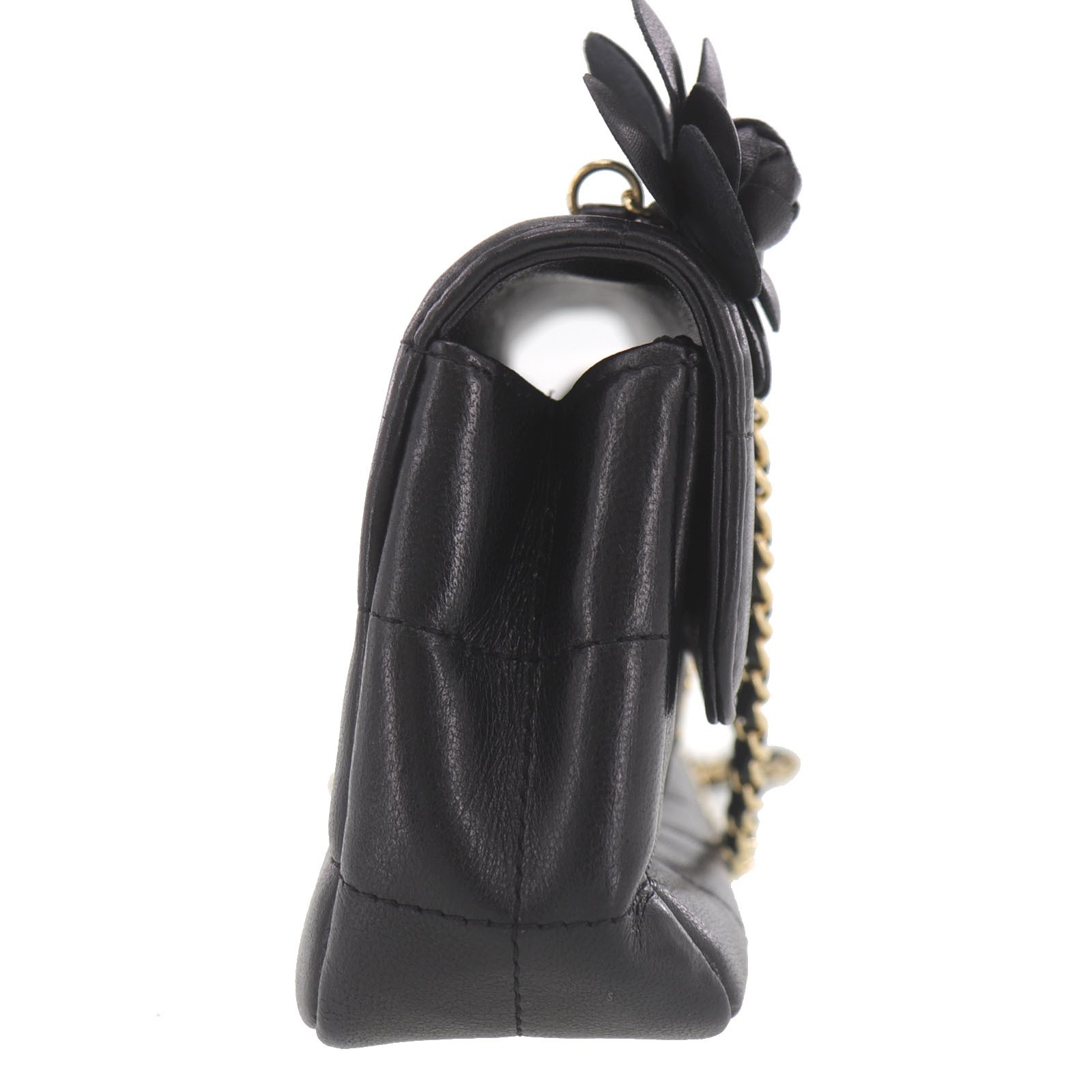 CHANEL Chocolate Bar Camellia Mini Chain Shoulder Bag Black Lambskin #EH712 H
