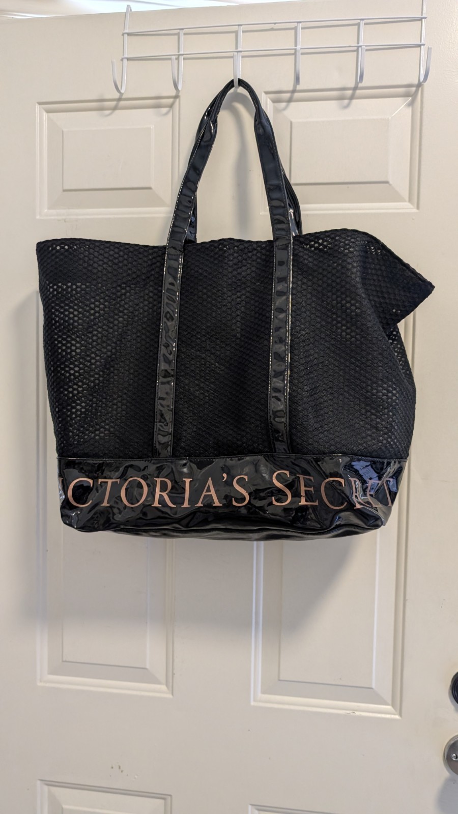 Victorias Secret Black Mesh Beach Tote Bag Patent Leather Rose Gold Zip Closure