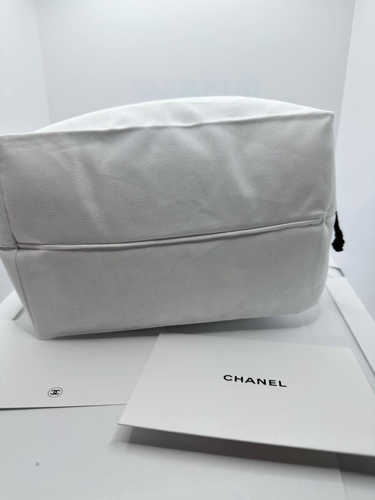 2 Chanel Drawstring White Cotton Pouch + Envelope + Note Card Travel Cosmetic